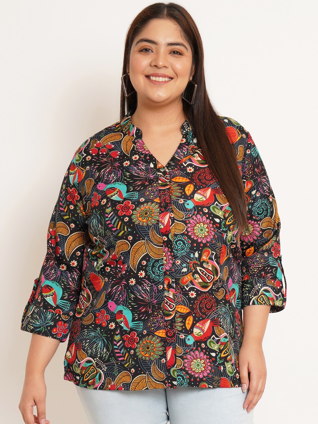 

U&F Beyond Plus Size Ethnic Printed Mandarin Collar Shirt Style Top, Black