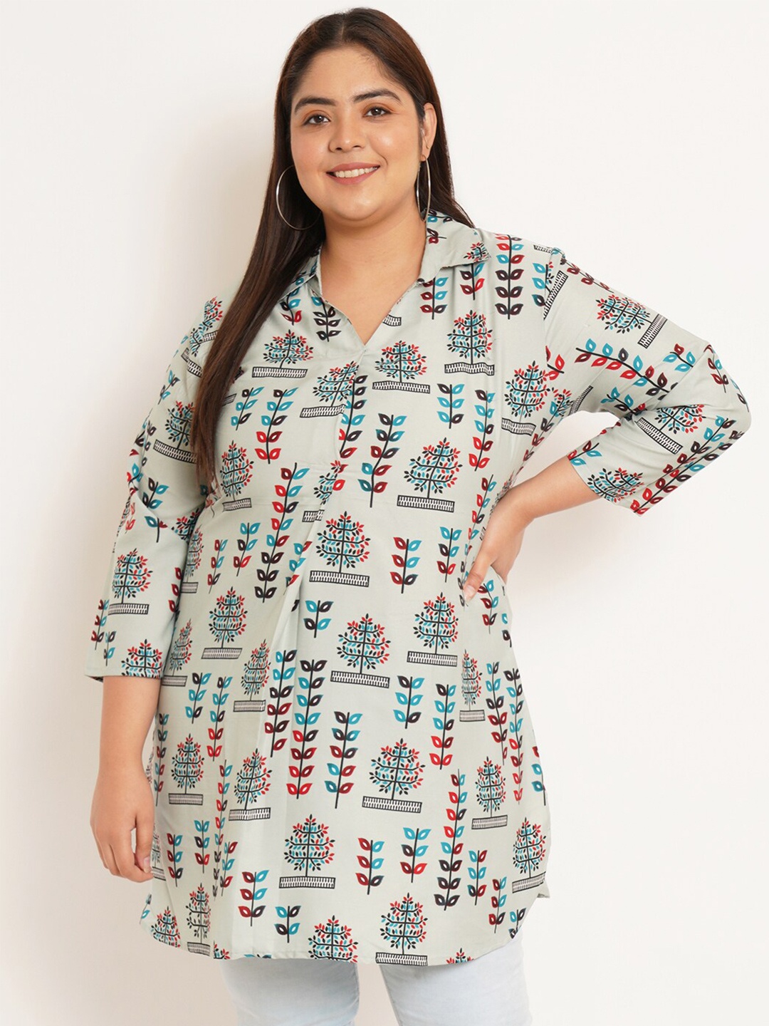 

U&F Beyond Floral Printed Shirt Collar Tunic, Green