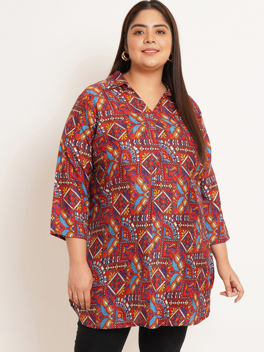 

U&F Beyond Ethnic Printed Shirt Collar Tunic, Red