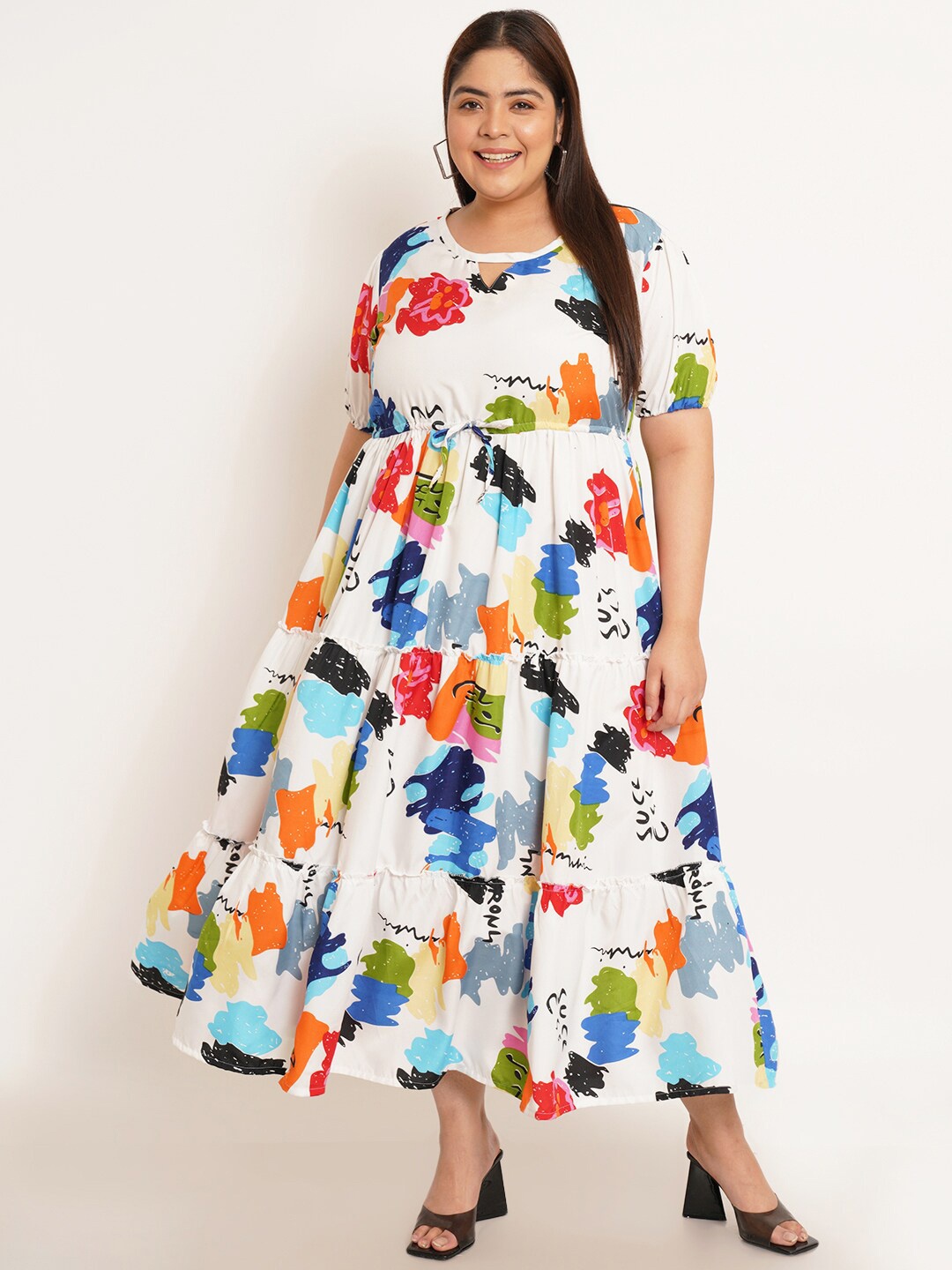 

U&F Beyond Plus Size Abstract Printed Keyhole Neck Puff Sleeves Gathered Fit & Flare Dress, White