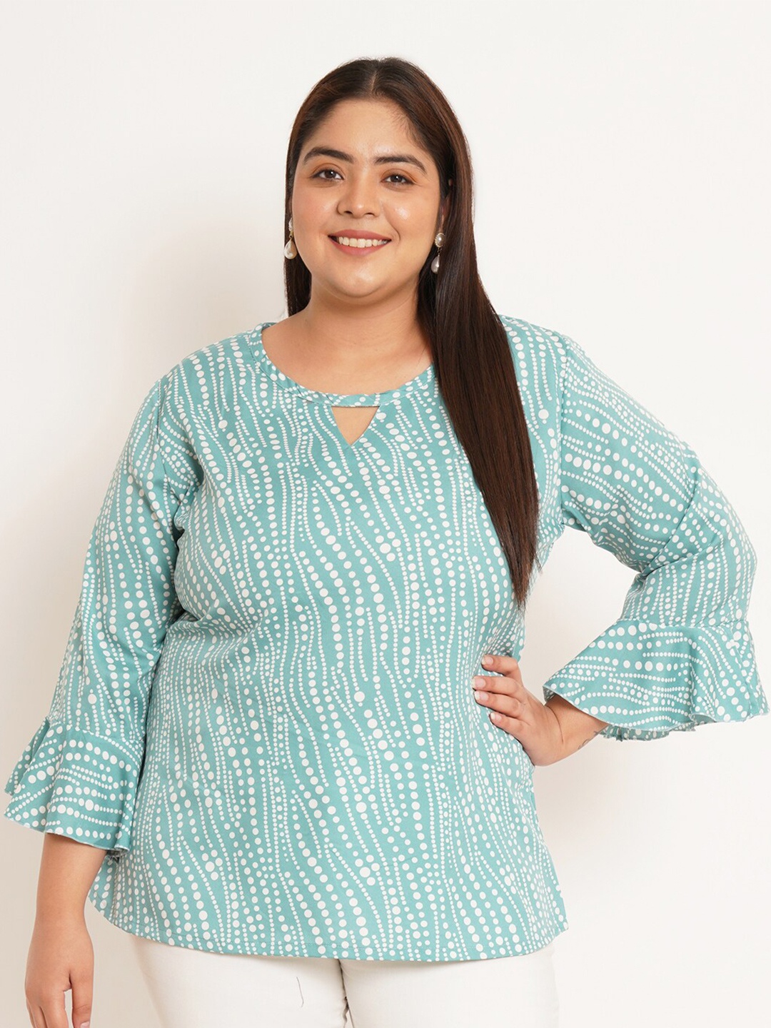 

U&F Beyond Plus Size Geometric Printed Bell Sleeves Crepe Top, Turquoise blue