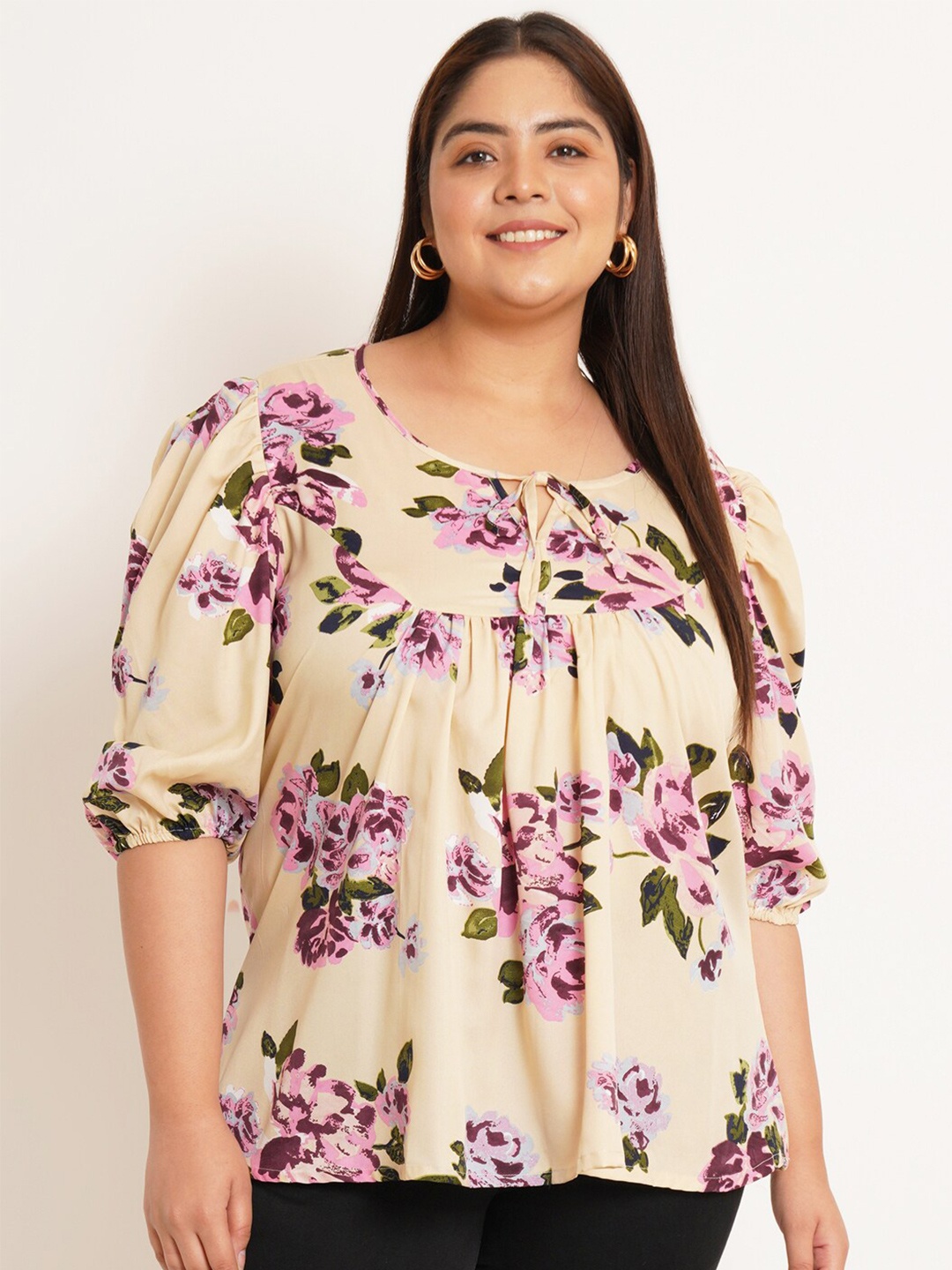 

U&F Beyond Plus Size Floral Printed Square Neck Puffed Sleeves Tie-Ups Top, Beige