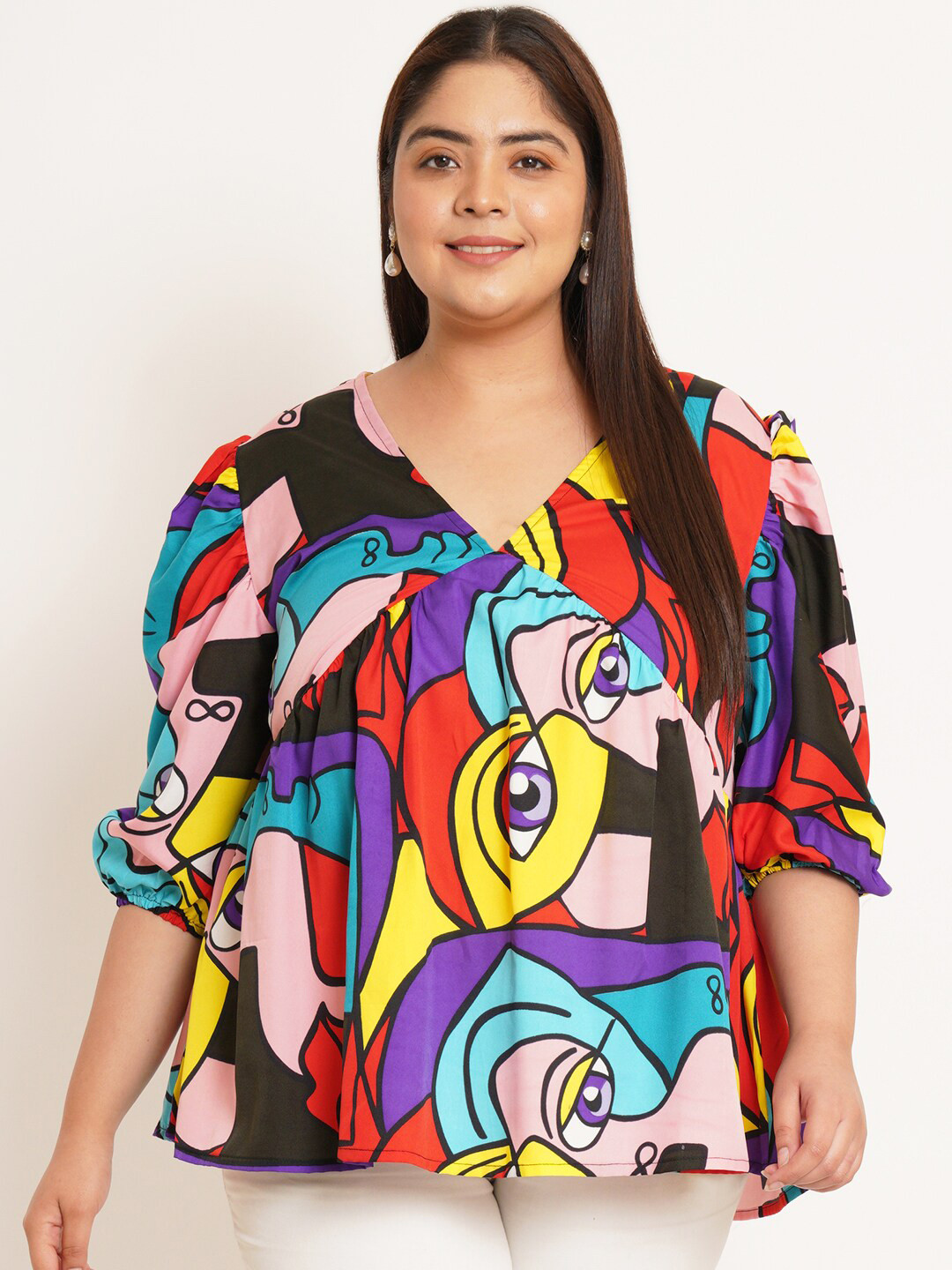 

U&F Beyond Plus Size Abstract Printed Puffed Sleeves Gathered or Pleated Empire Top, Blue
