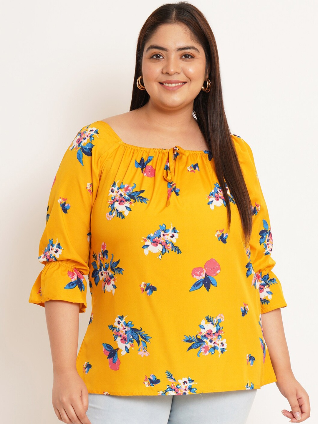 

U&F Beyond Plus Size Floral Printed Square Neck Bell Sleeves Tie-Ups Top, Yellow