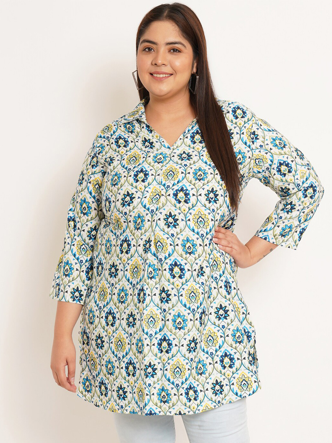 

U&F Beyond Floral Printed Shirt Collar Tunics, White