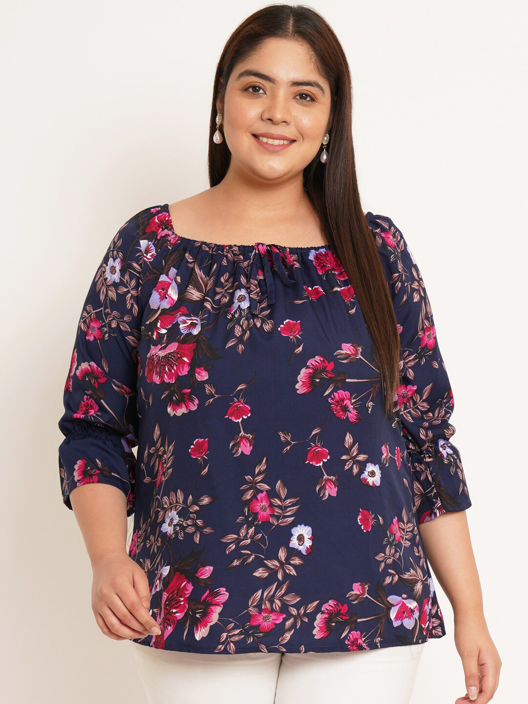 

U&F Beyond Plus Size Floral Printed Square Neck Puffed Sleeves Tie-Ups Top, Blue