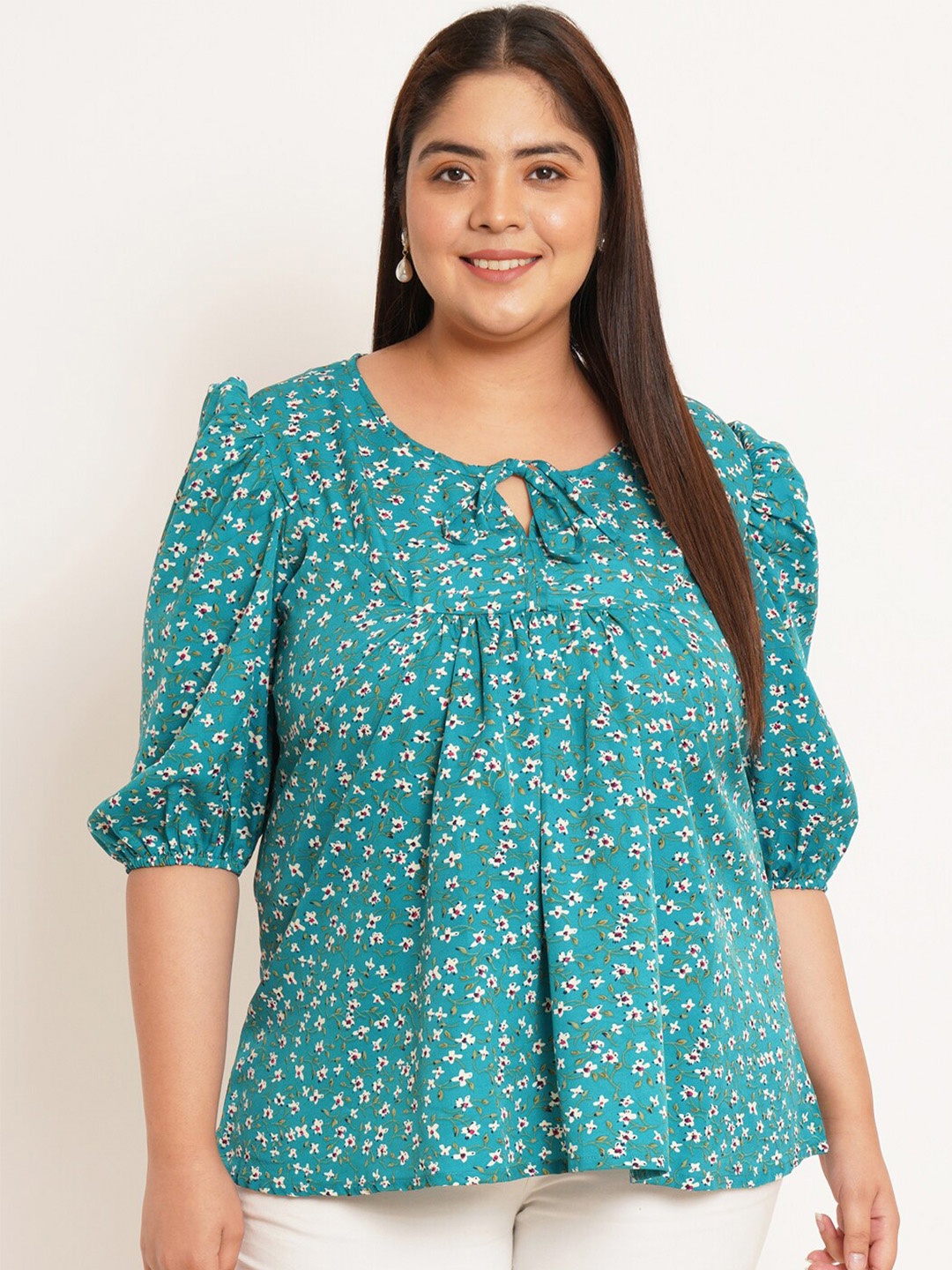 

U&F Beyond Plus Size Floral Printed Tie-Up Neck Puffed Sleeves A-Line Top, Turquoise blue