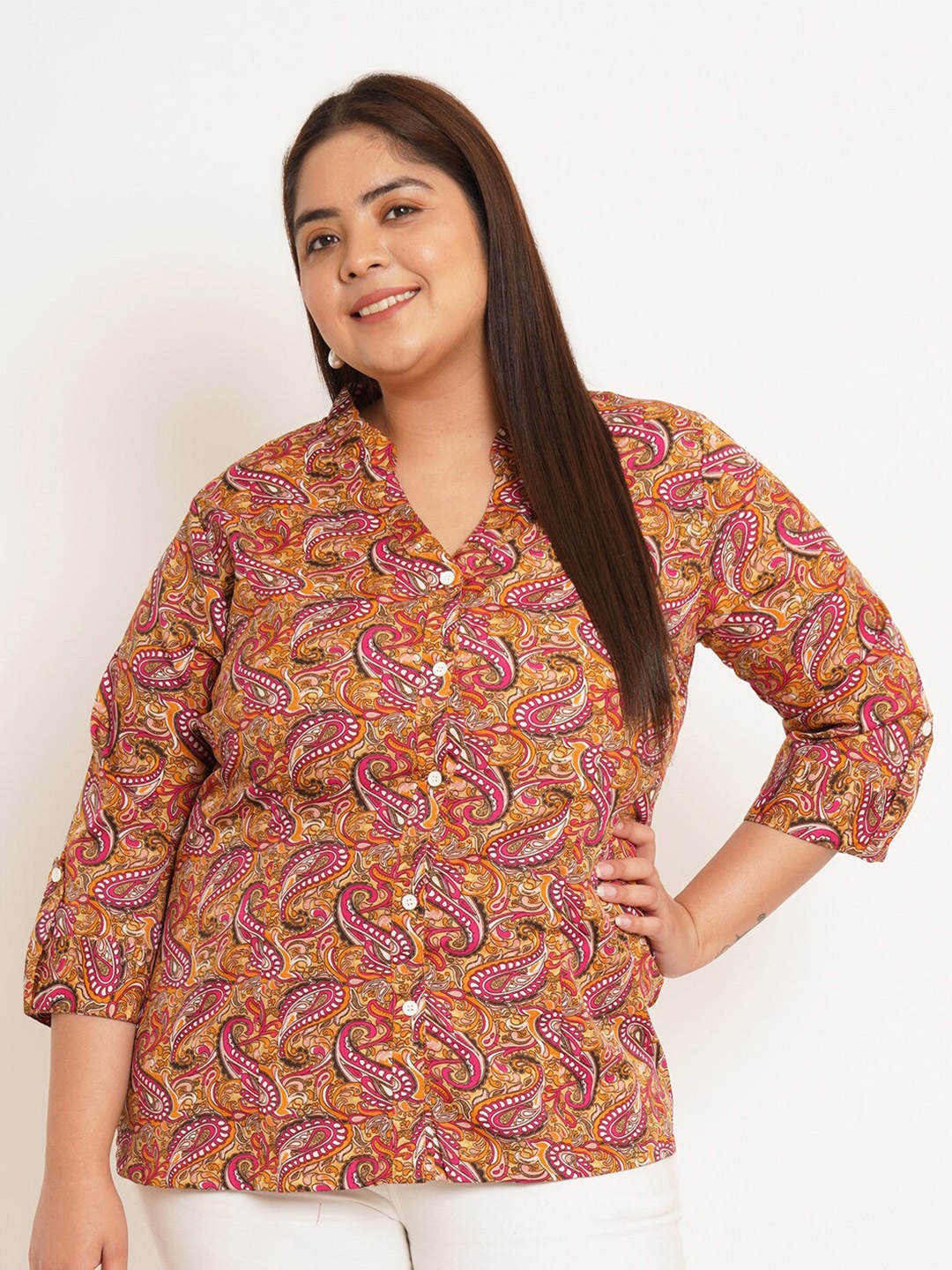 

U&F Beyond Plus Size Ethnic Motifs Printed Mandarin Collar Roll-Up Sleeves Shirt Style Top, Orange