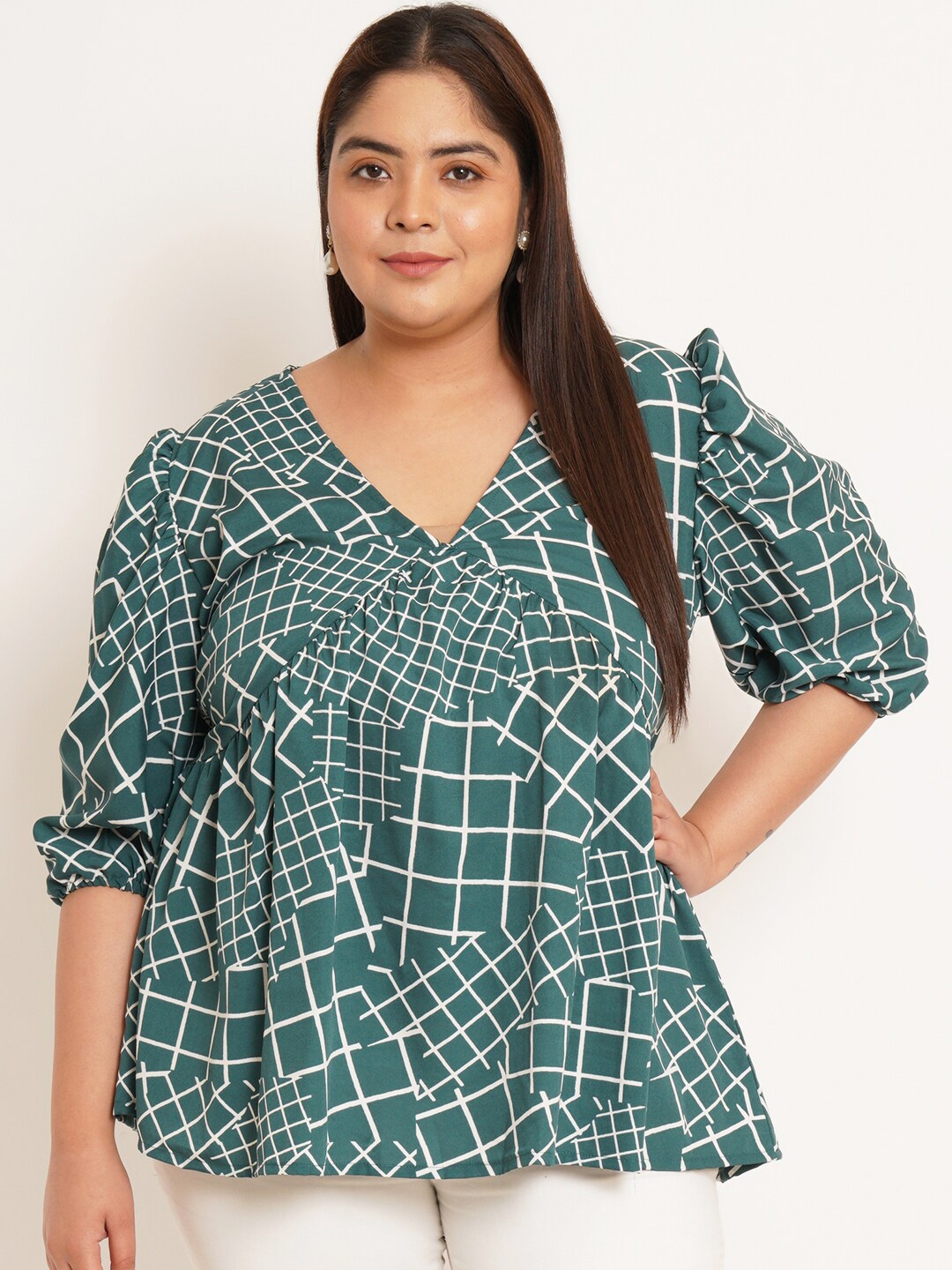 

U&F Beyond Plus Size Geometric Printed Puffed Sleeves Gathered or Pleated Empire Top, Green