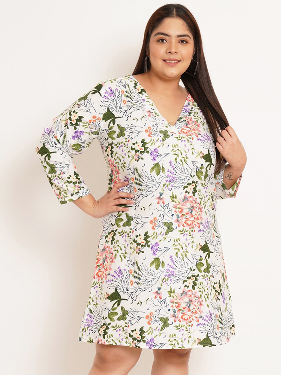 

U&F Beyond Plus Size Floral Printed V-Neck A-Line Dress, Multi