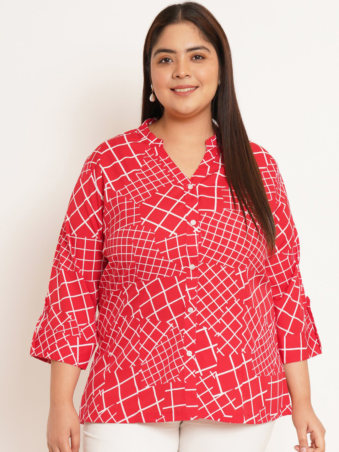 

U&F Beyond Plus Size Geometric Printed Mandarin Collar Roll-Up Sleeves Shirt Style Top, Red