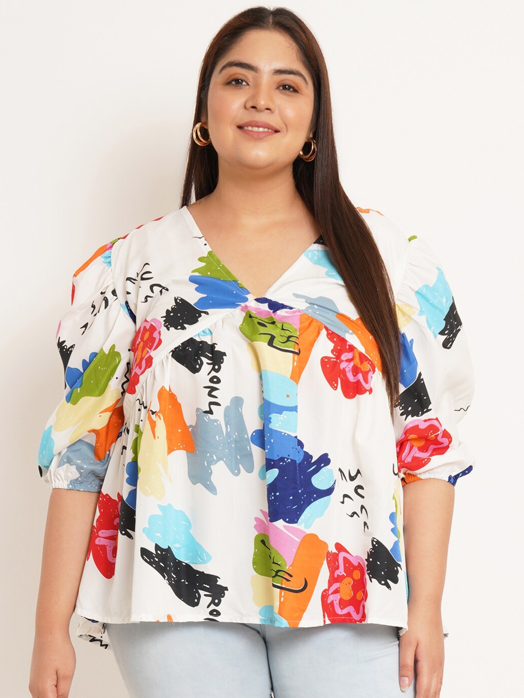 

U&F Beyond Plus Size Abstract Printed Puffed Sleeves Gathered or Pleated Empire Top, White