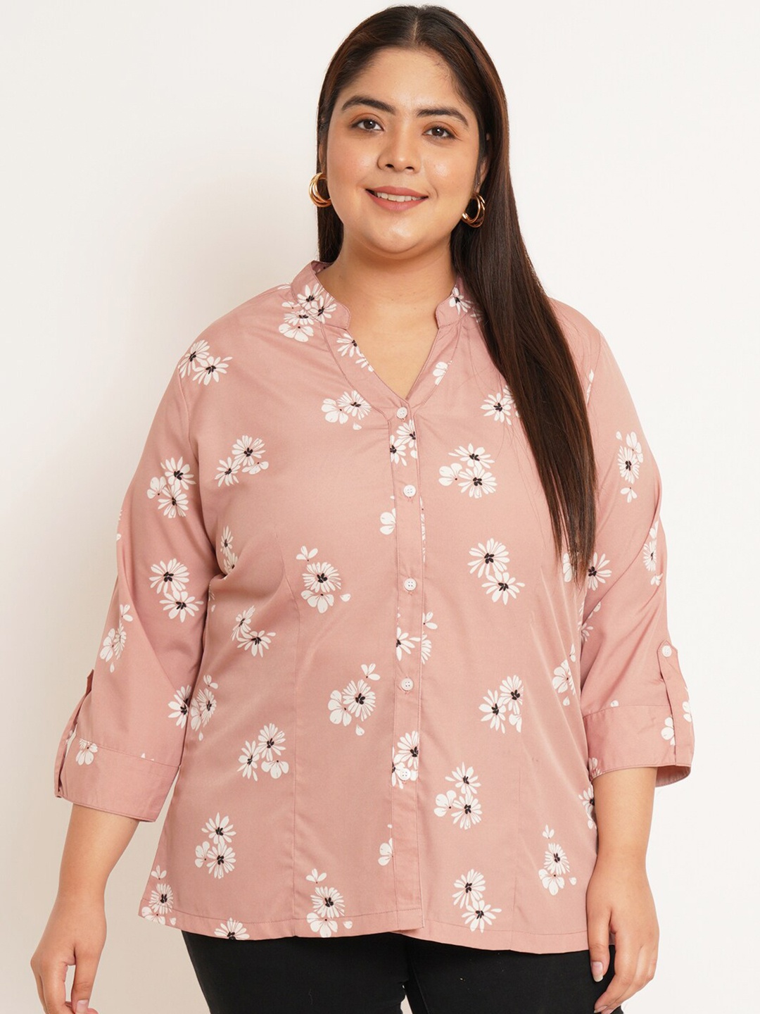 

U&F Beyond Plus Size Floral Printed Mandarin Collar Roll-Up Sleeves Crepe Shirt Style Top, Pink