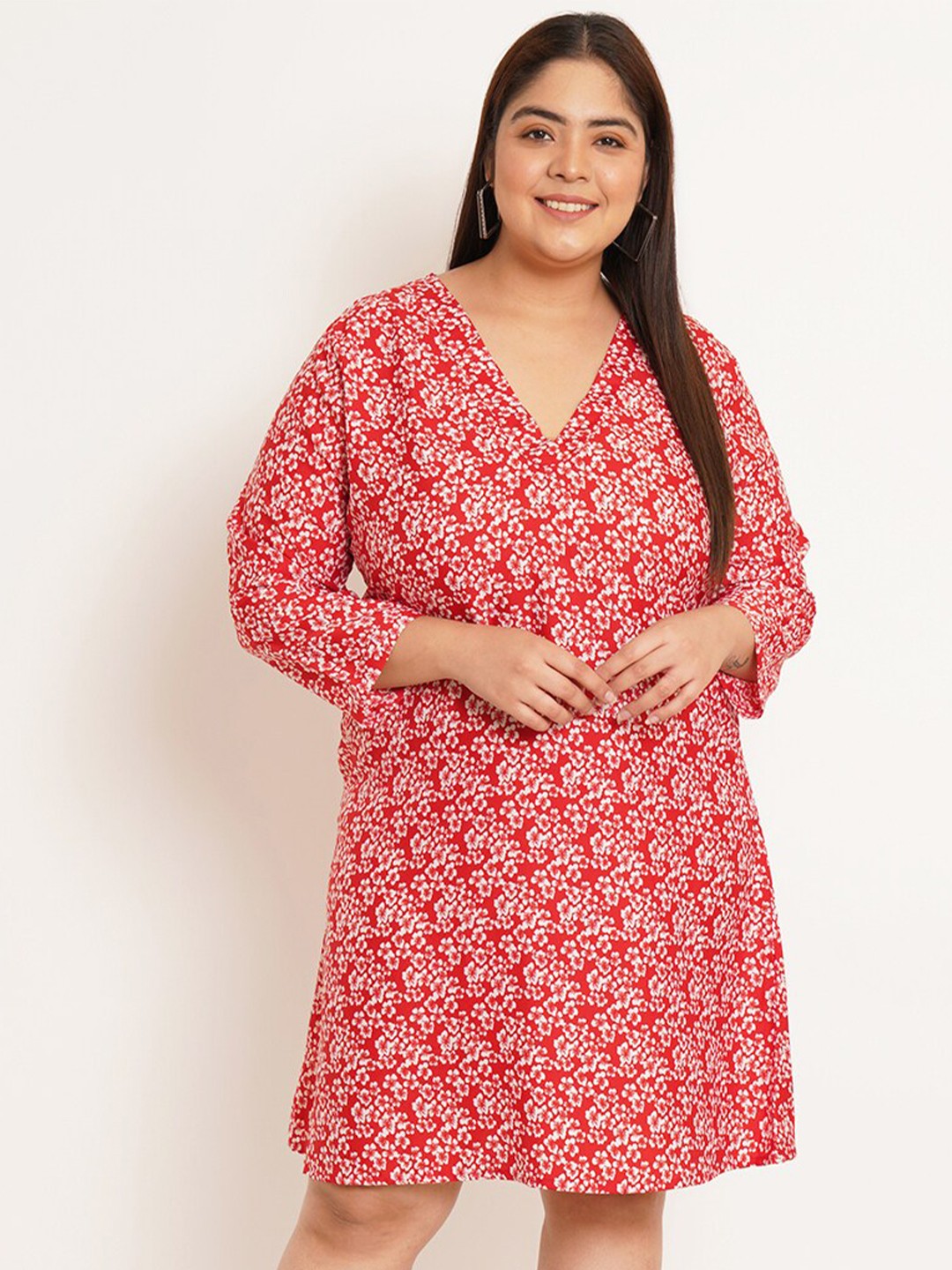 

U&F Beyond Plus Size Floral Printed V-Neck A-Line Dress, Red