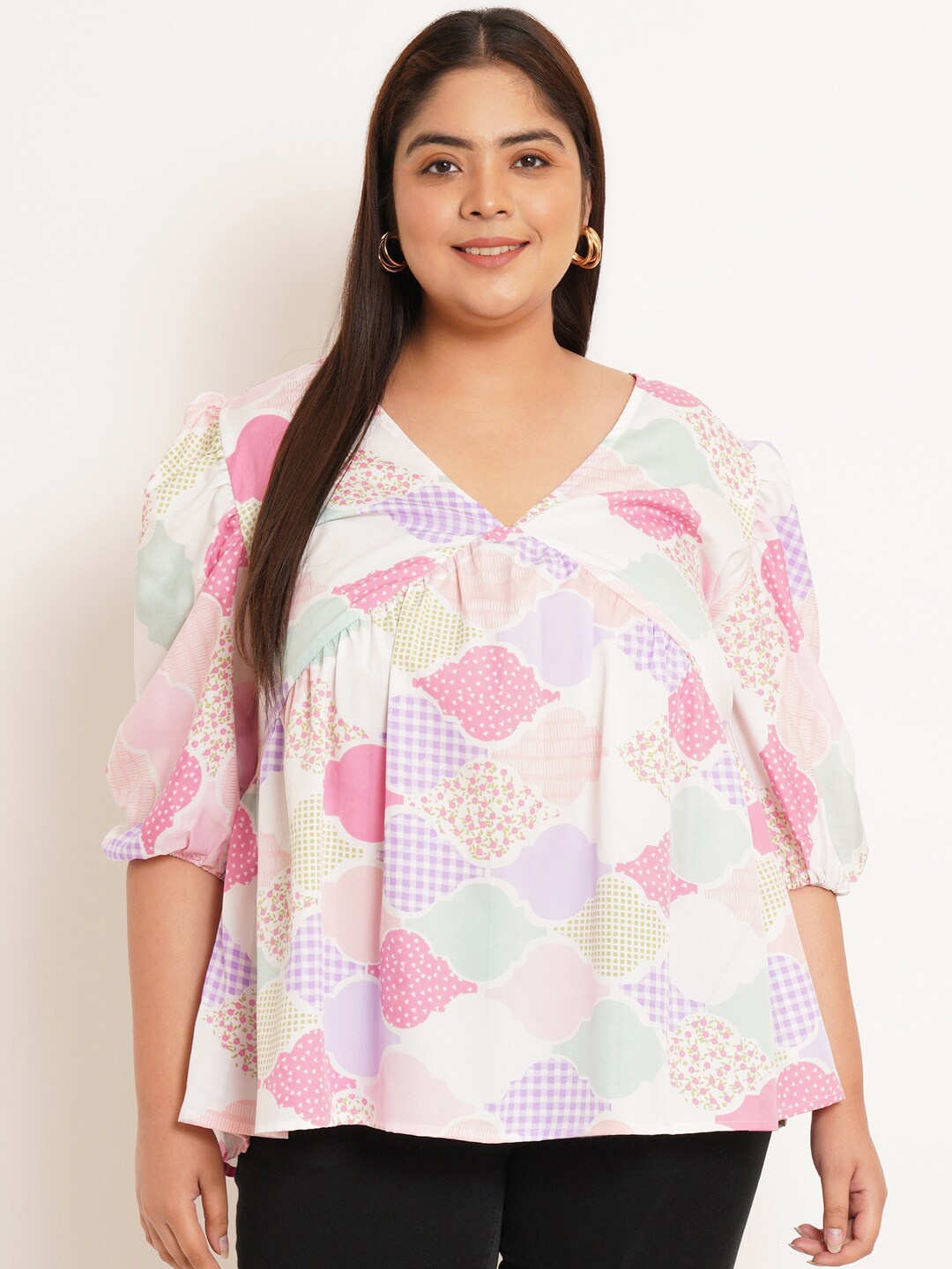 

U&F Beyond Plus Size Conversational Printed Puffed Sleeves Gathered or Pleated Empire Top, White