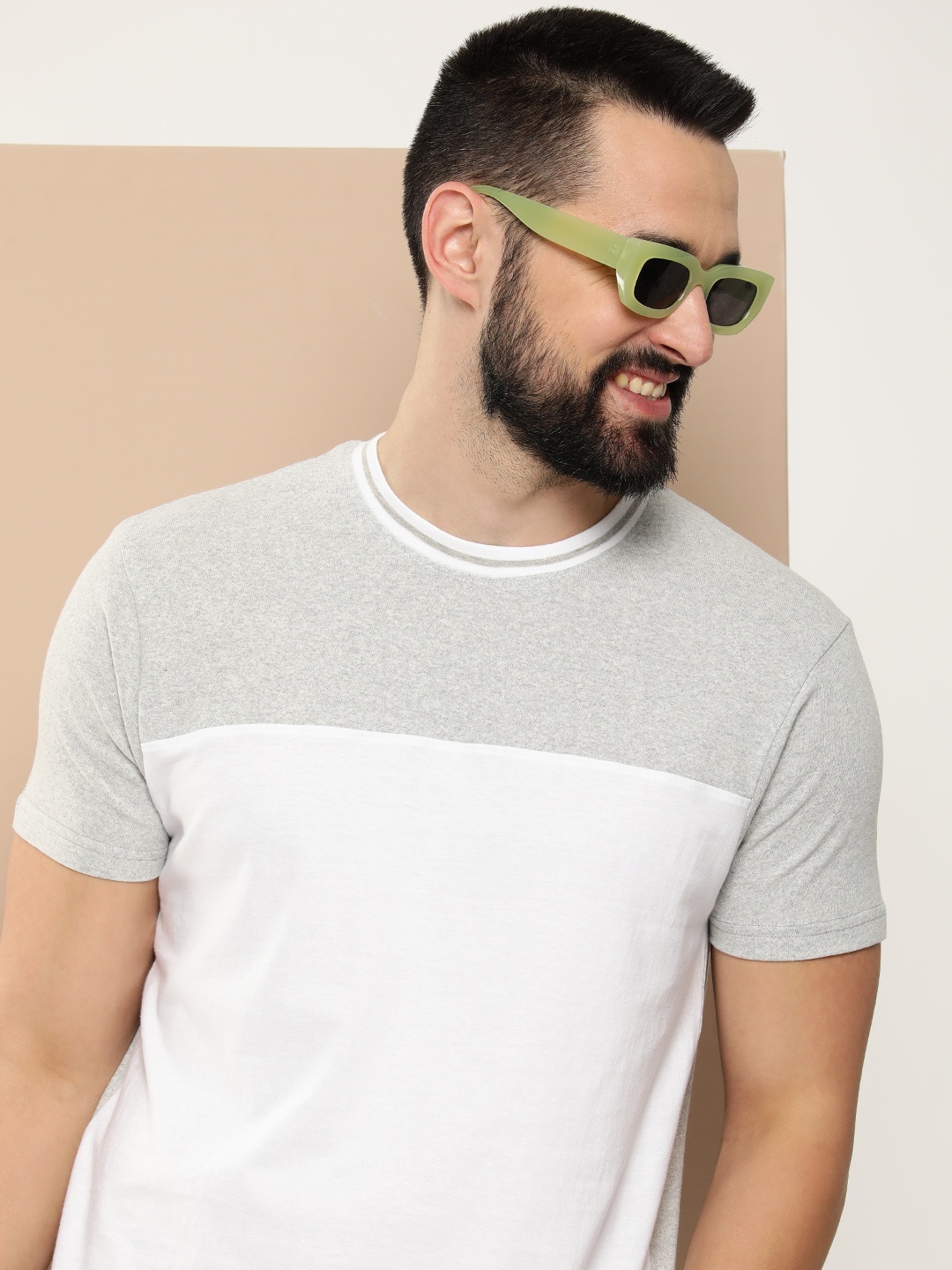 

HERE&NOW Colourblocked Pure Cotton Casual T-shirt, Grey melange