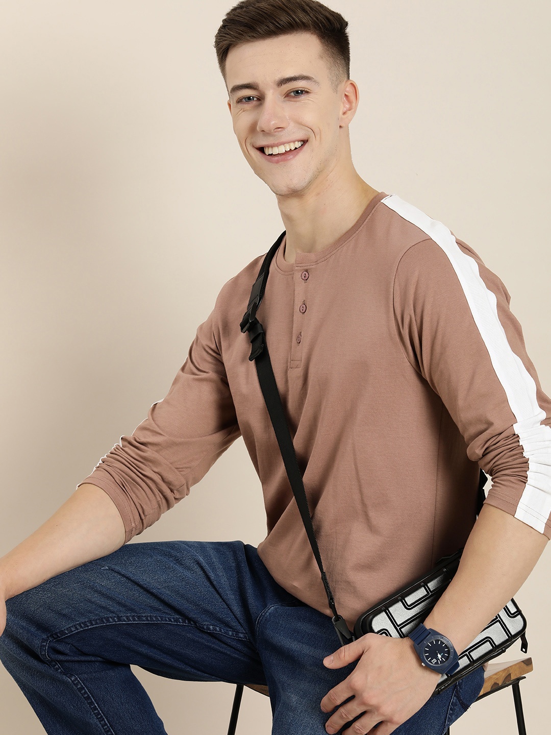 

HERE&NOW Henley Neck Pure Cotton T-shirt, Brown