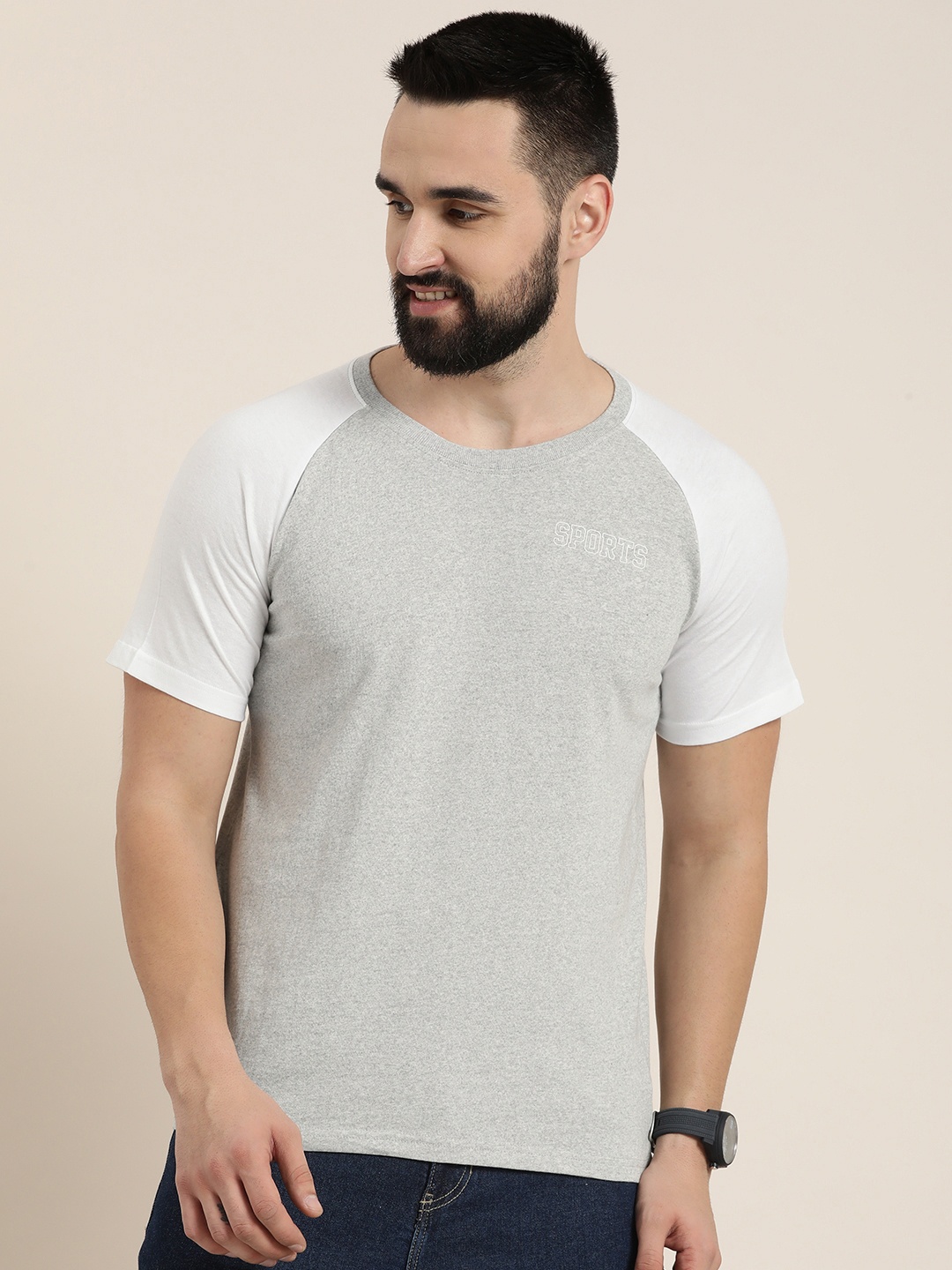 

HERE&NOW Round Neck Raglan Sleeves Pure Cotton T-shirt, Grey melange