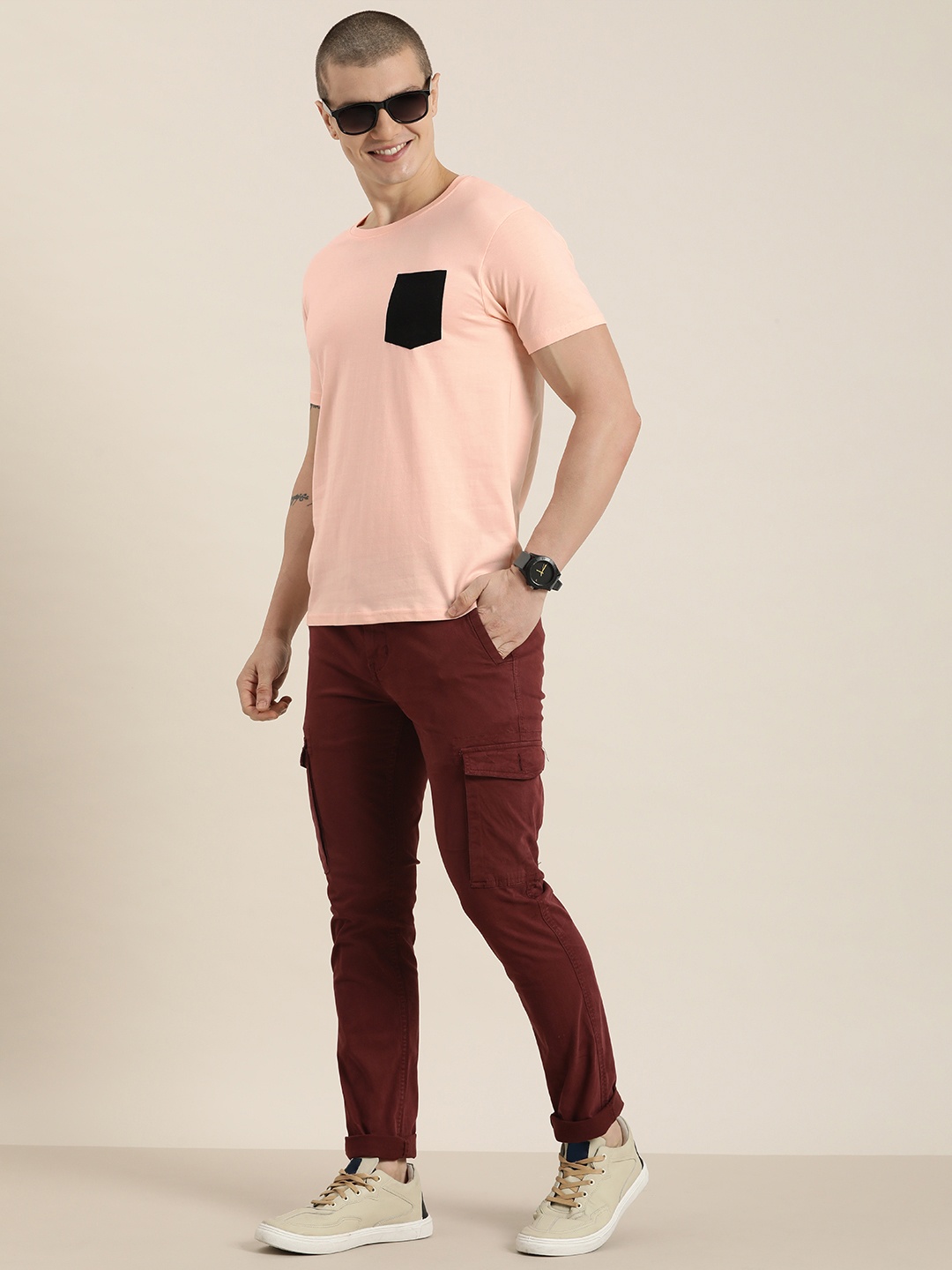 

HERE&NOW Round Neck Pure Cotton T-Shirt, Peach