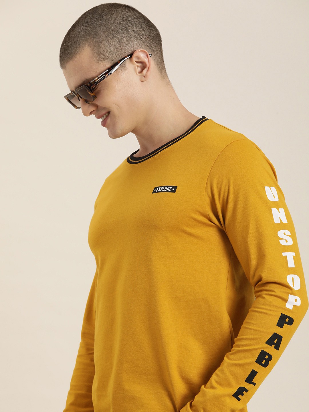 

HERE&NOW Typography Printed Pure Cotton T-shirt, Mustard