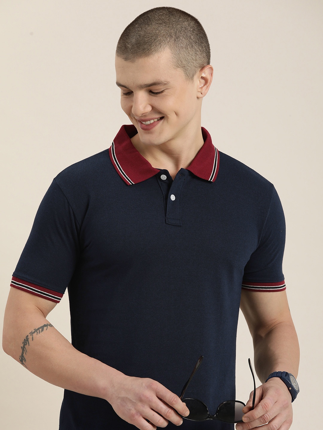 

HERE&NOW Contrast Polo Collar T-shirt, Navy blue