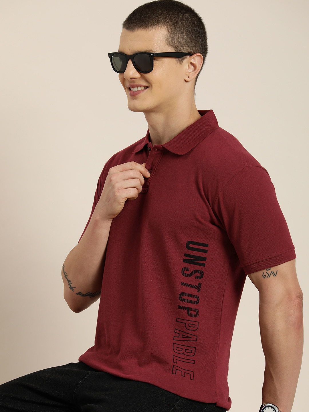 

HERE&NOW Graphic Typography Printed Polo Collar T-shirt, Maroon