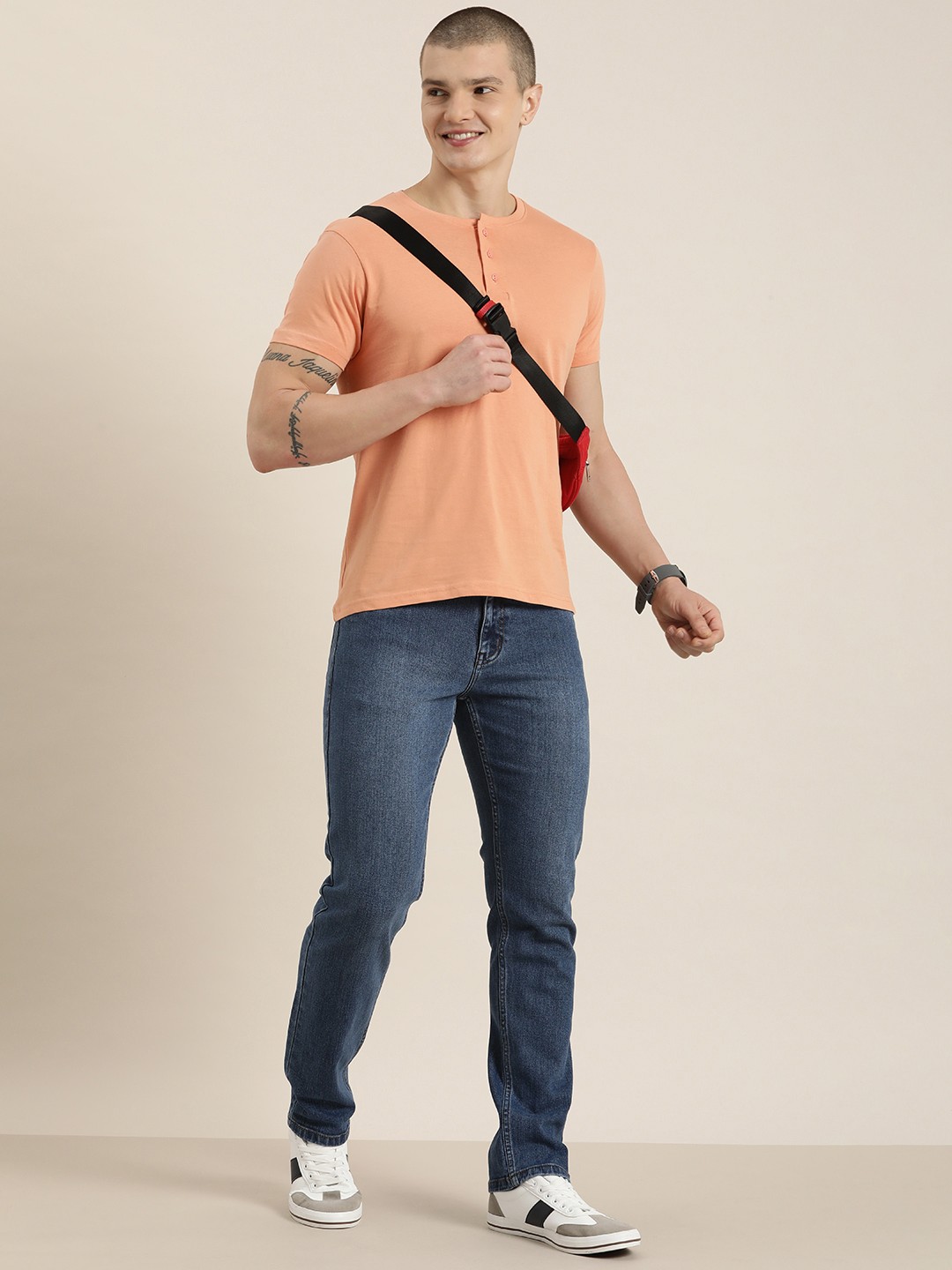 

HERE&NOW Henley Neck Pure Cotton T-shirt, Pink