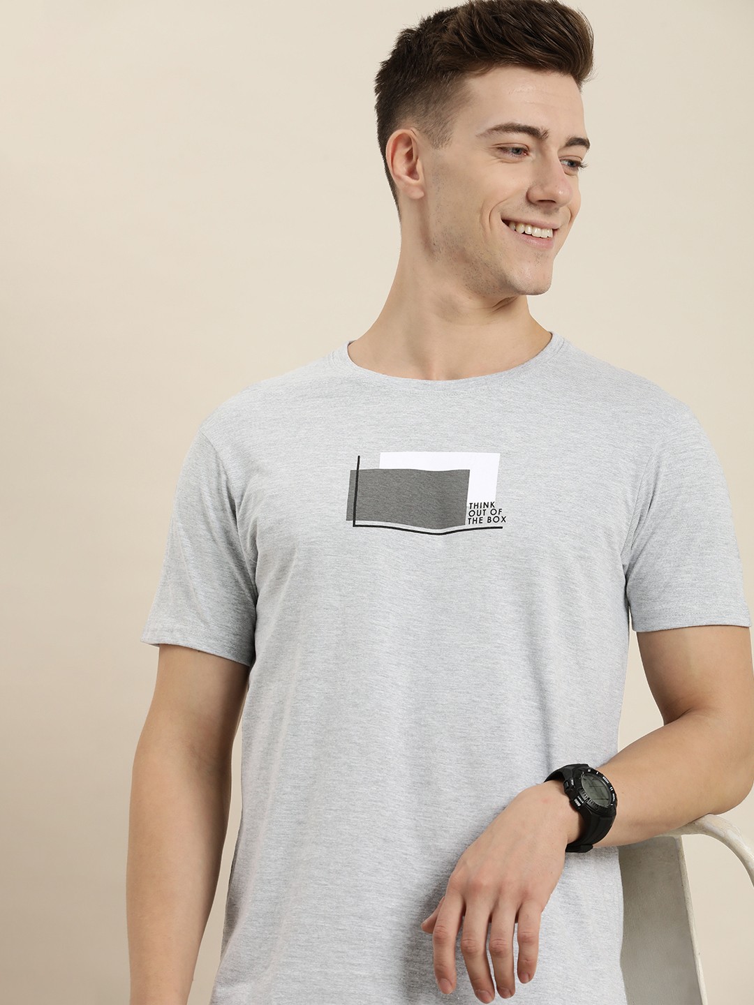 

HERE&NOW Graphic Printed Round-Neck Casual T-shirt, Grey melange