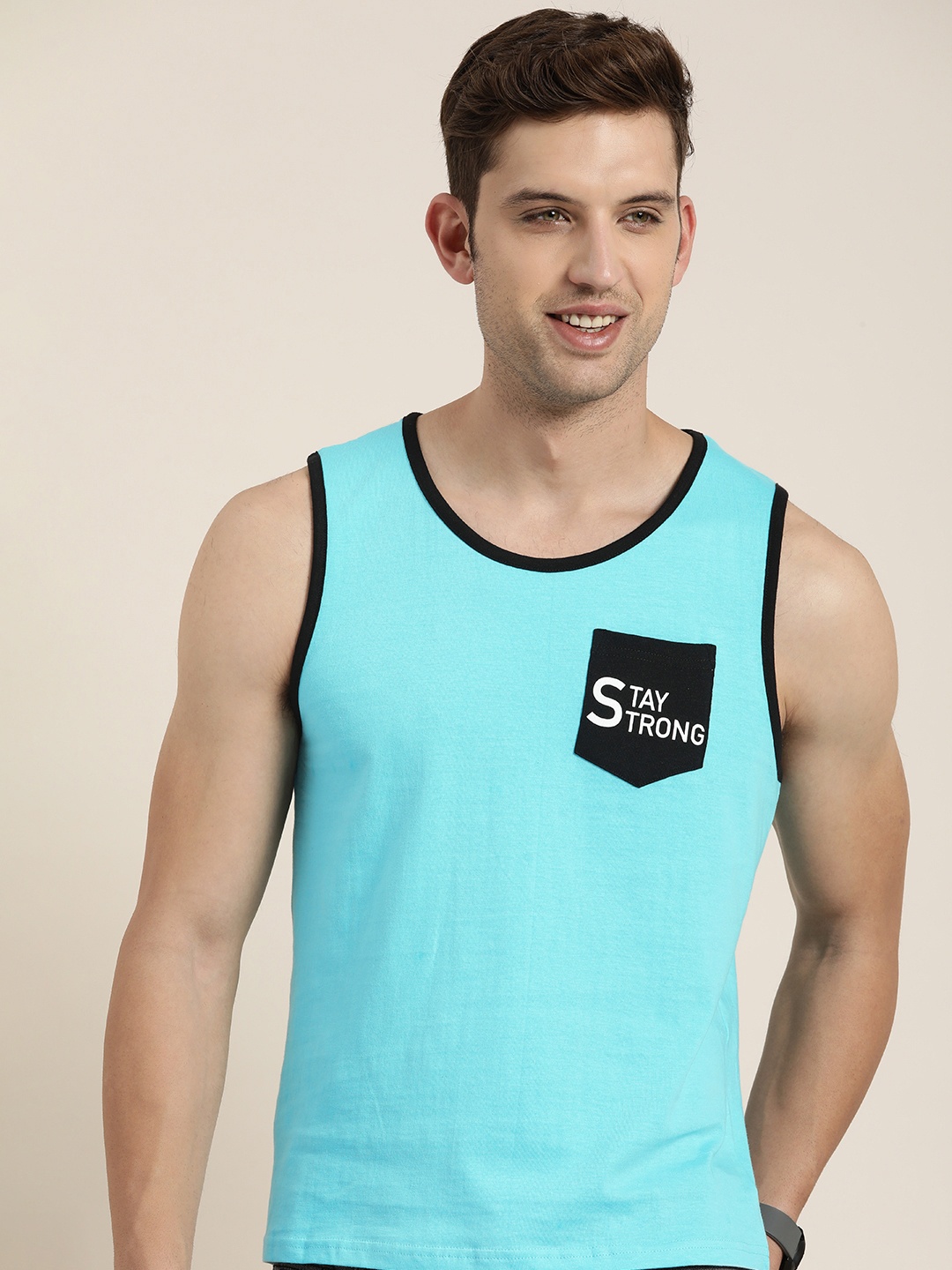 

HERE&NOW Pure Cotton Typography Printed Sleeveless Pocket Casual T-shirt, Blue