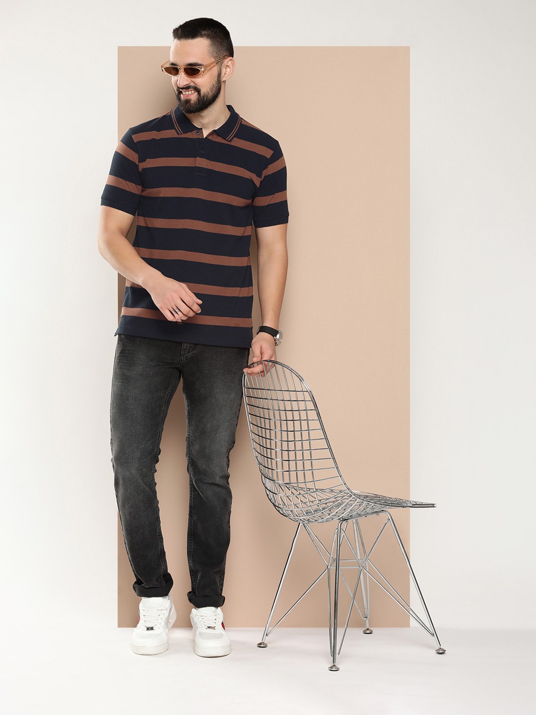 

HERE&NOW Short Sleeves Striped Polo Collar T-shirt, Navy blue