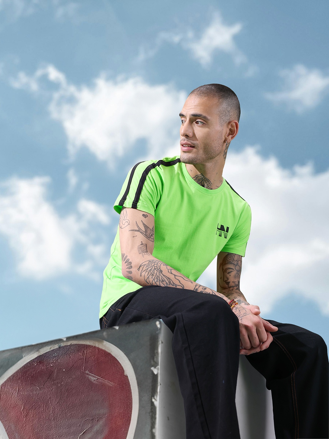

HERE&NOW Round Neck Pure Cotton T-shirt, Fluorescent green