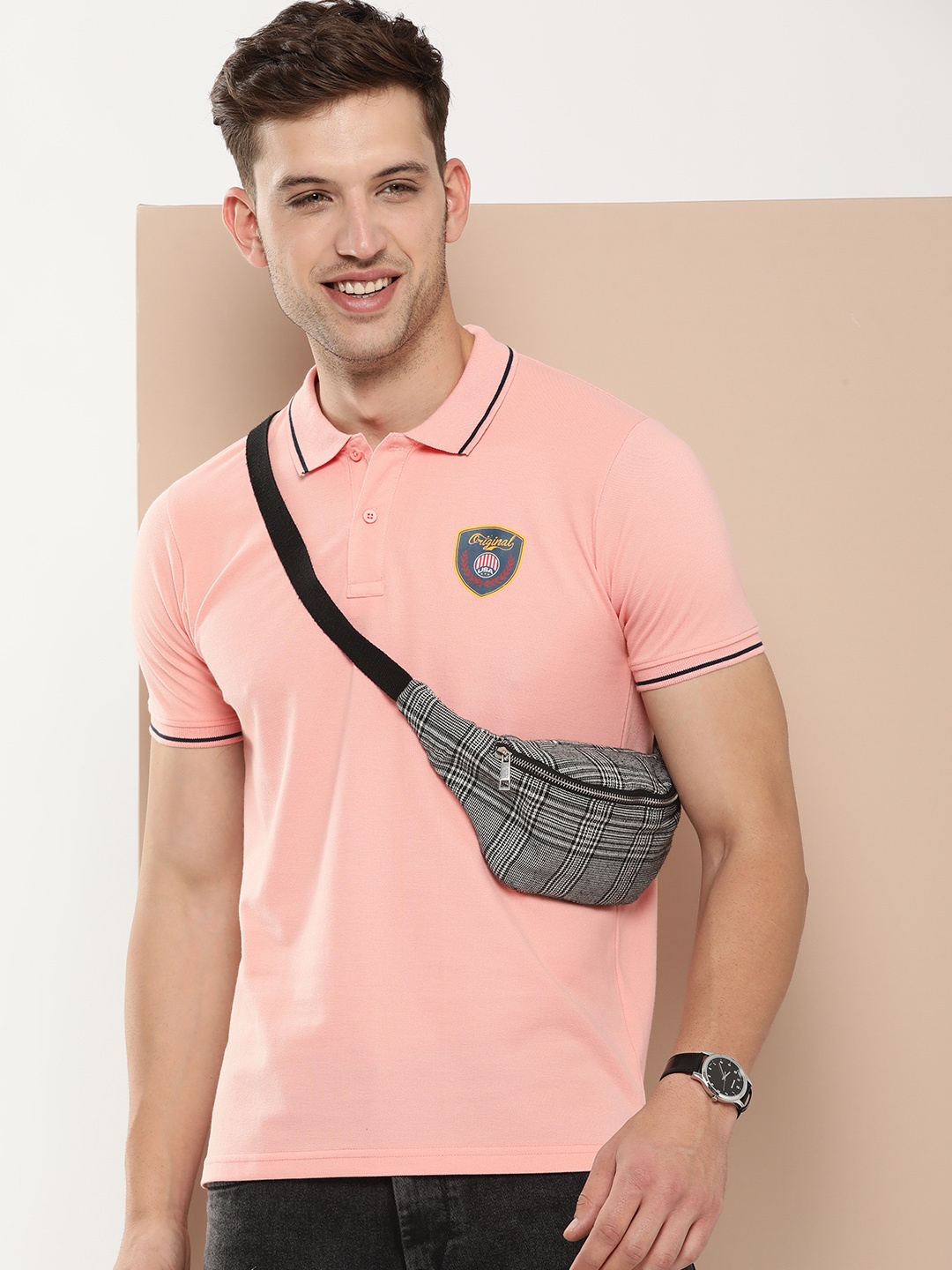 

HERE&NOW Graphic Printed Polo Collar T-shirt, Peach