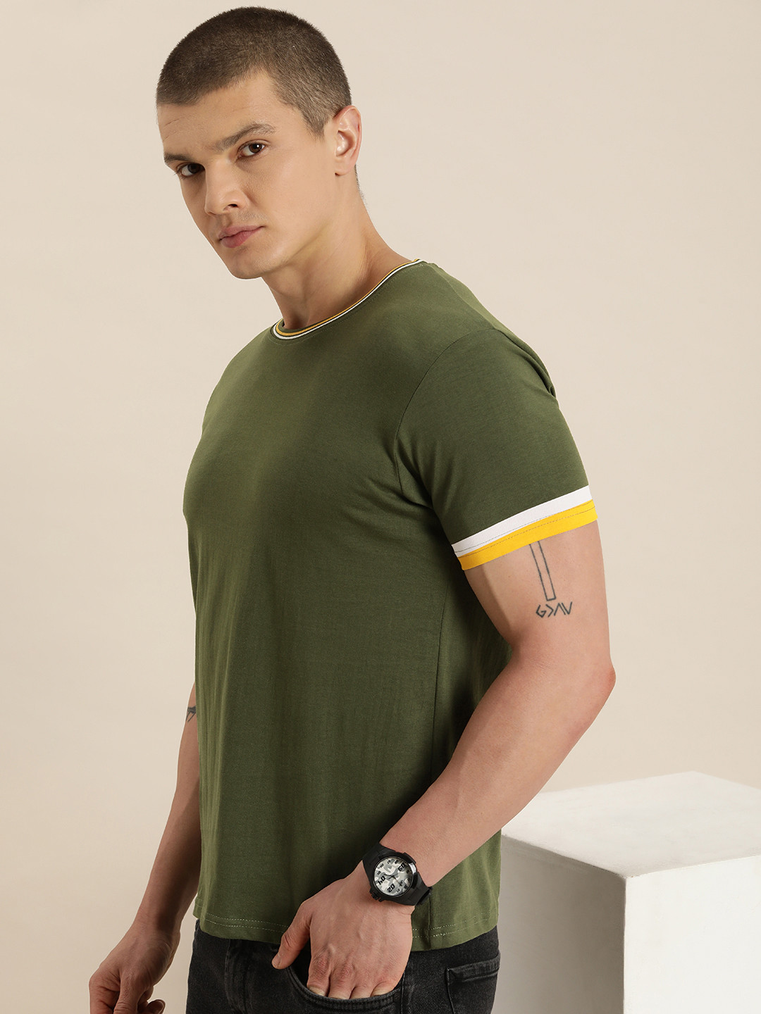 

HERE&NOW Striped Pure Cotton T-shirt, Olive
