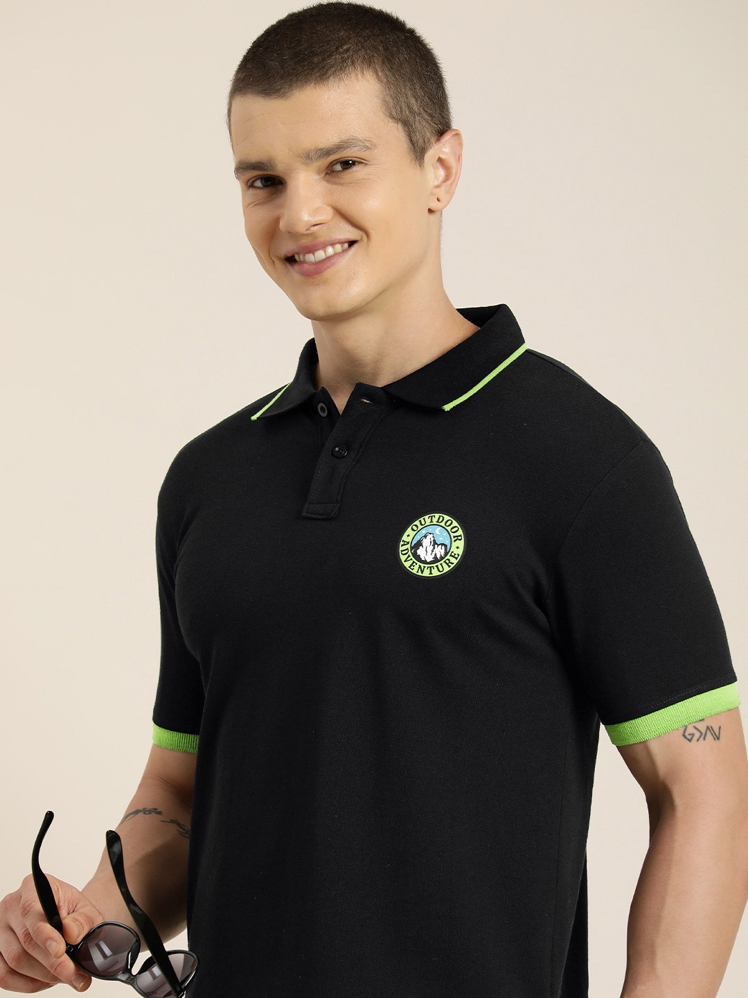 

HERE&NOW Minimal Print Detail Polo Collar Pure Cotton T-shirt, Black