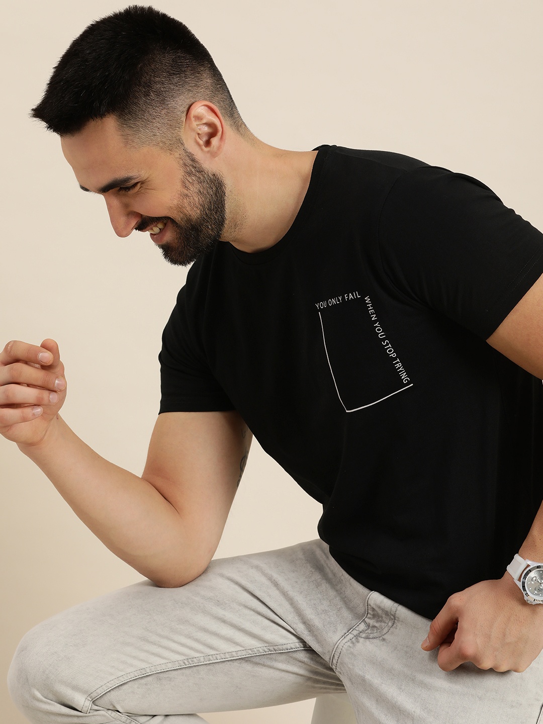 

HERE&NOW Typography Printed Pure Cotton T-shirt, Black