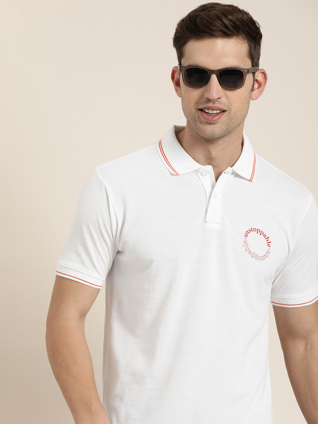 

HERE&NOW Minimal Graphic Print Detail Polo Collar Pure Cotton T-shirt, White