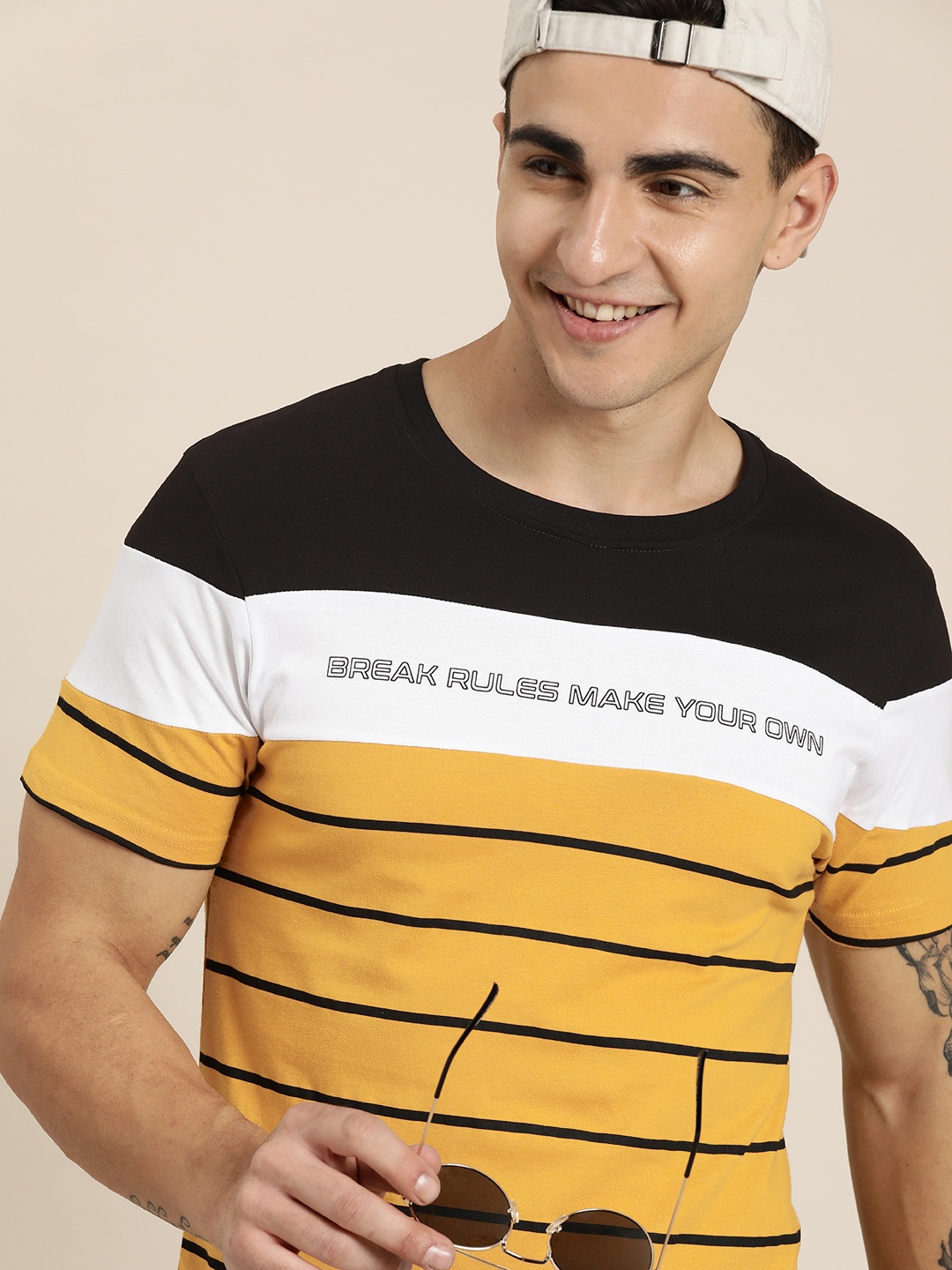 

HERE&NOW Striped And Typography Printed Pure Cotton T-shirt, Mustard