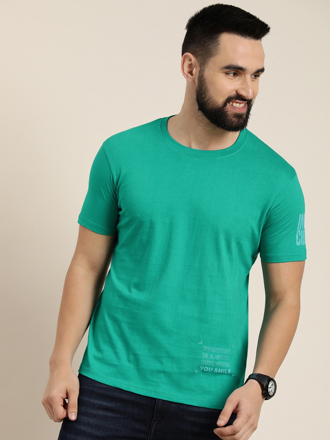 

HERE&NOW Round Neck Minimal Print Detail Pure Cotton T-shirt, Green