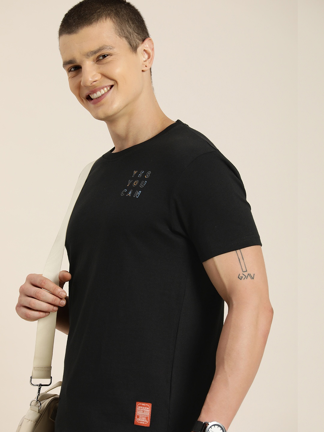 

HERE&NOW Typography Printed Pure Cotton Casual T-shirt, Black