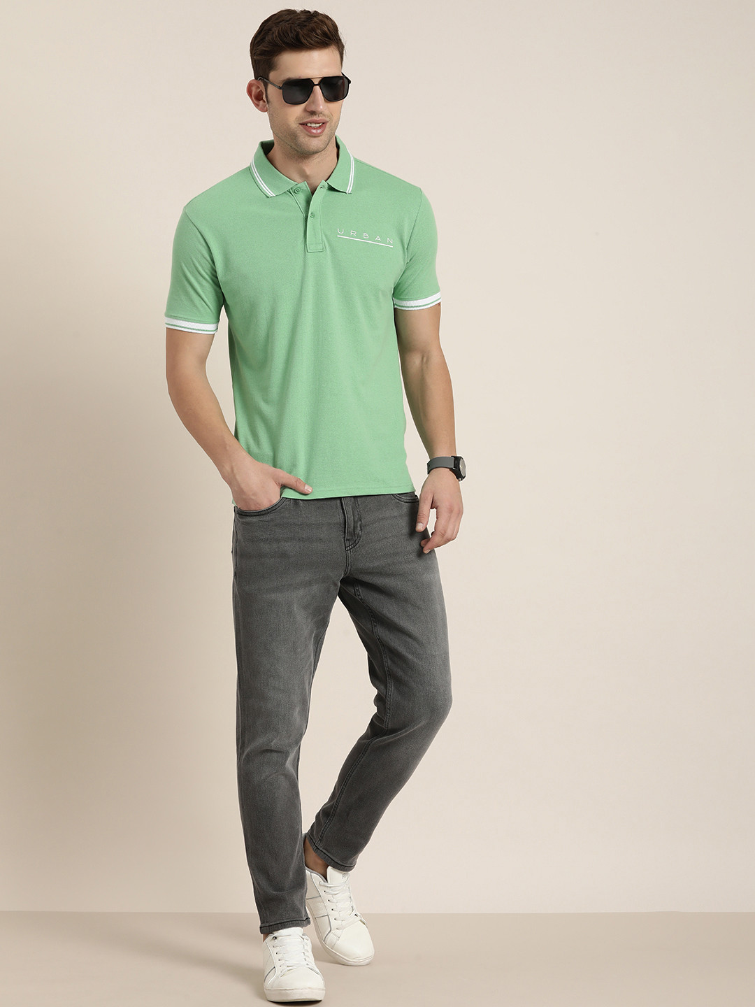 

HERE&NOW Minimal Typography Detail Polo Collar T-shirt, Green