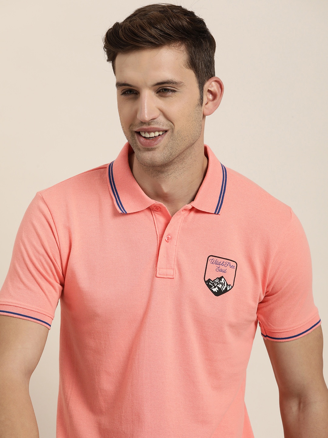 

HERE&NOW Minimal Graphic Print Detail Polo Collar T-shirt, Peach