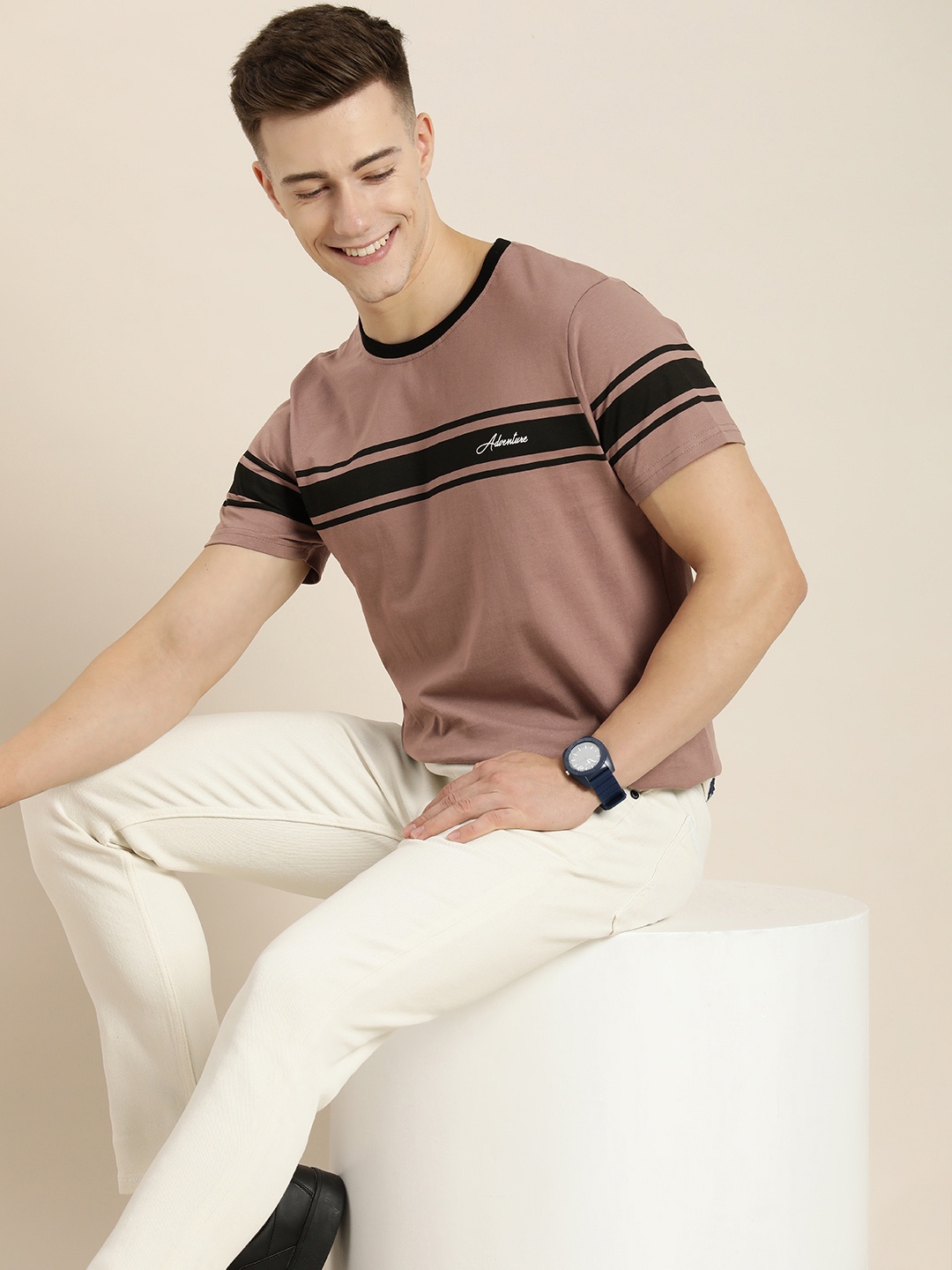 

HERE&NOW Striped And Typography Printed Pure Cotton T-shirt, Nude