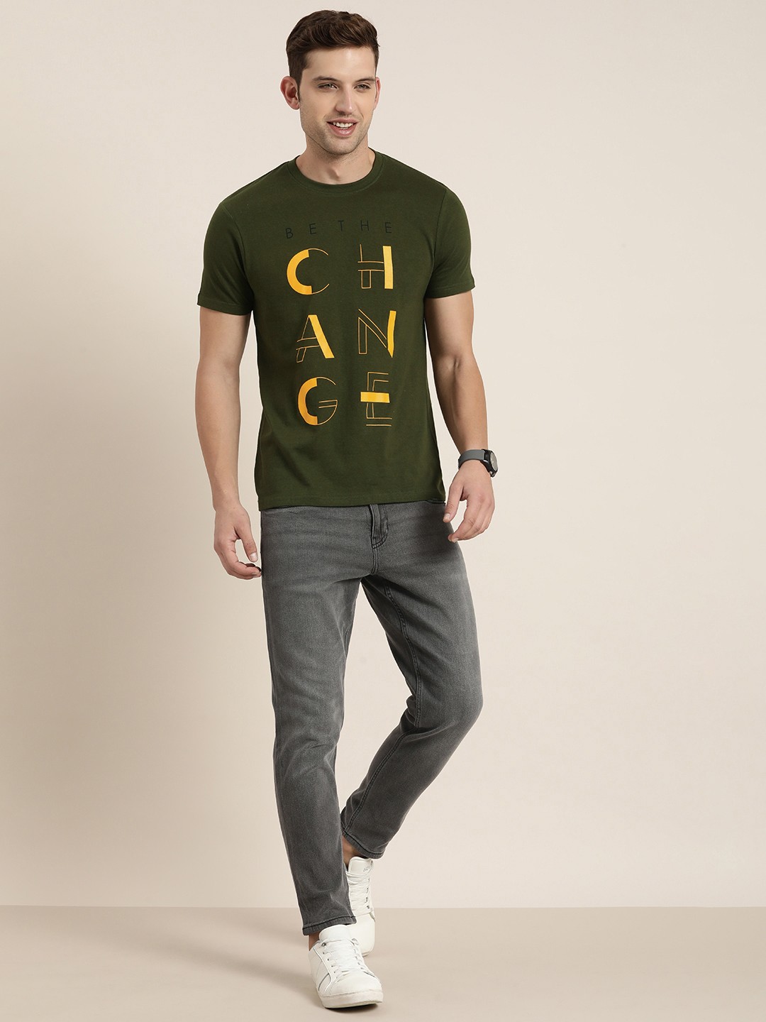 

HERE&NOW Round Neck Graphic Printed Pure Cotton T-shirt, Olive