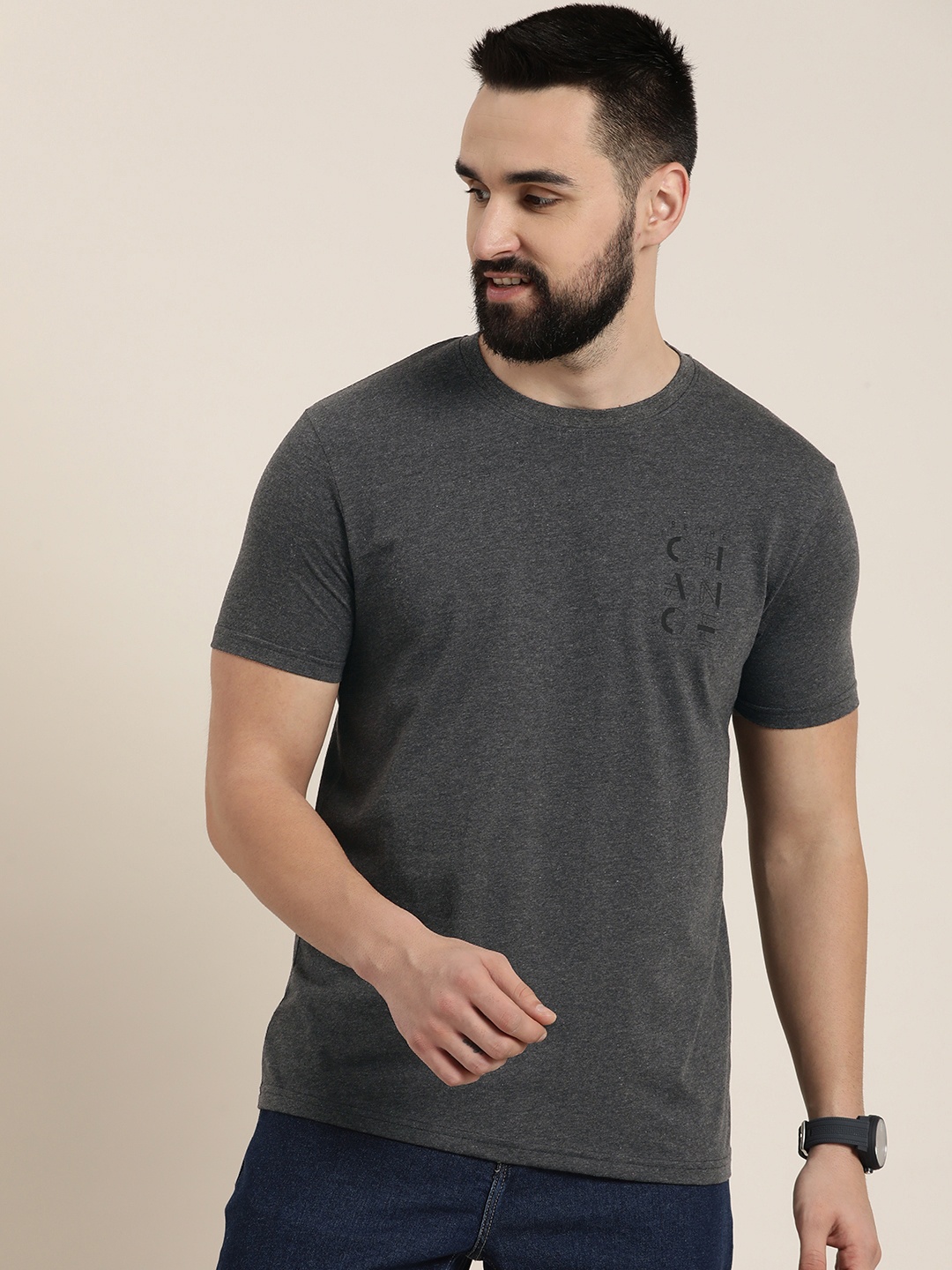 

HERE&NOW Typography Printed Round Neck Casual T-shirt, Charcoal