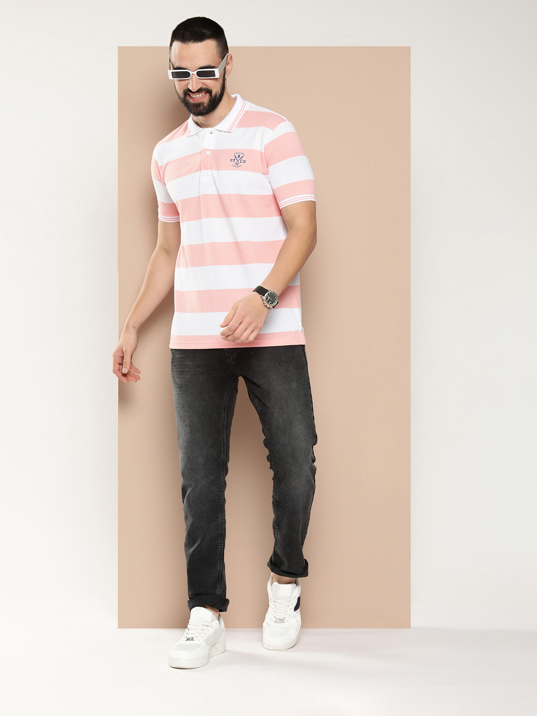 

HERE&NOW Short Sleeves Striped Polo Collar T-shirt, White