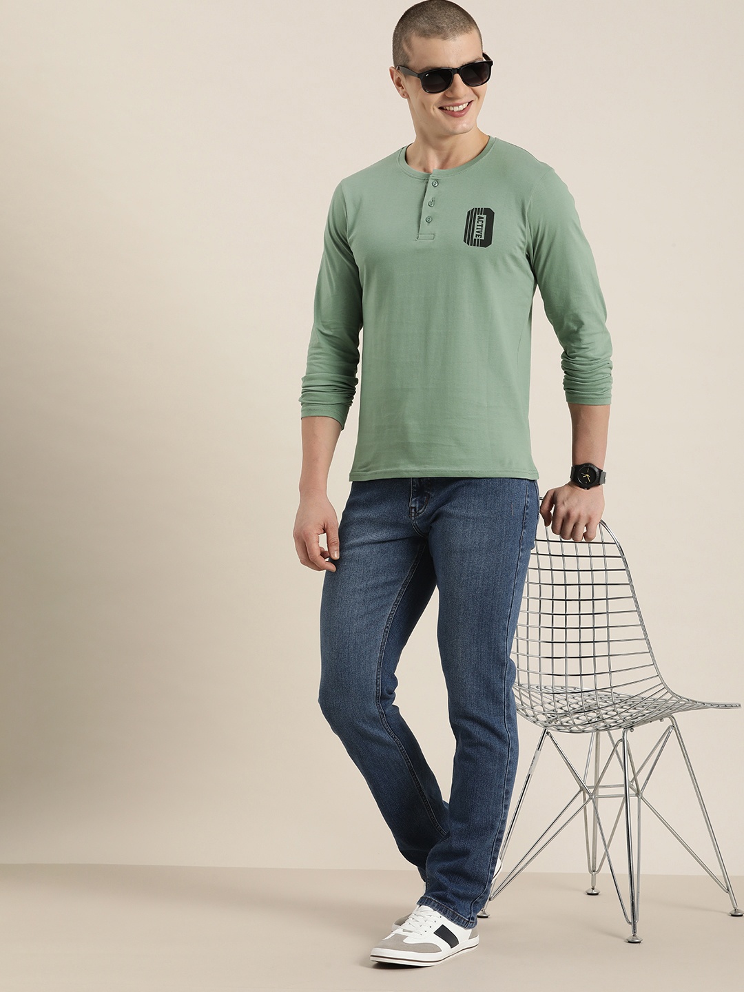 

HERE&NOW Henley Neck Pure Cotton T-shirt, Green