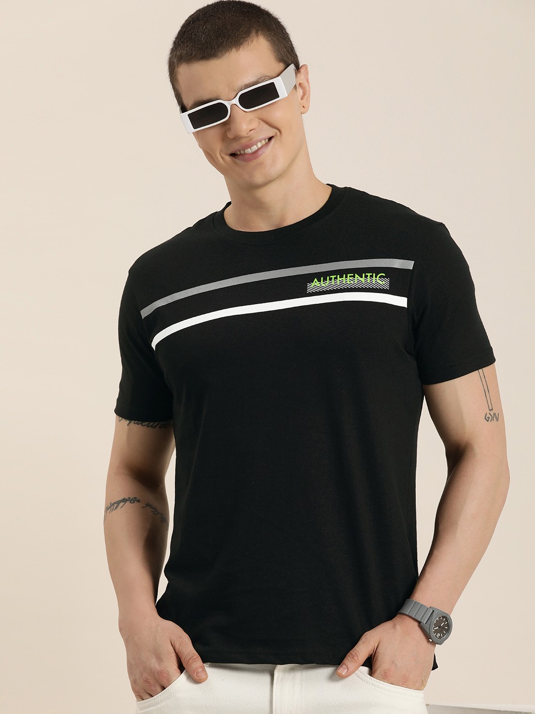 

HERE&NOW Regular Fit Round Neck Typography Printed Casual T-shirt, Black