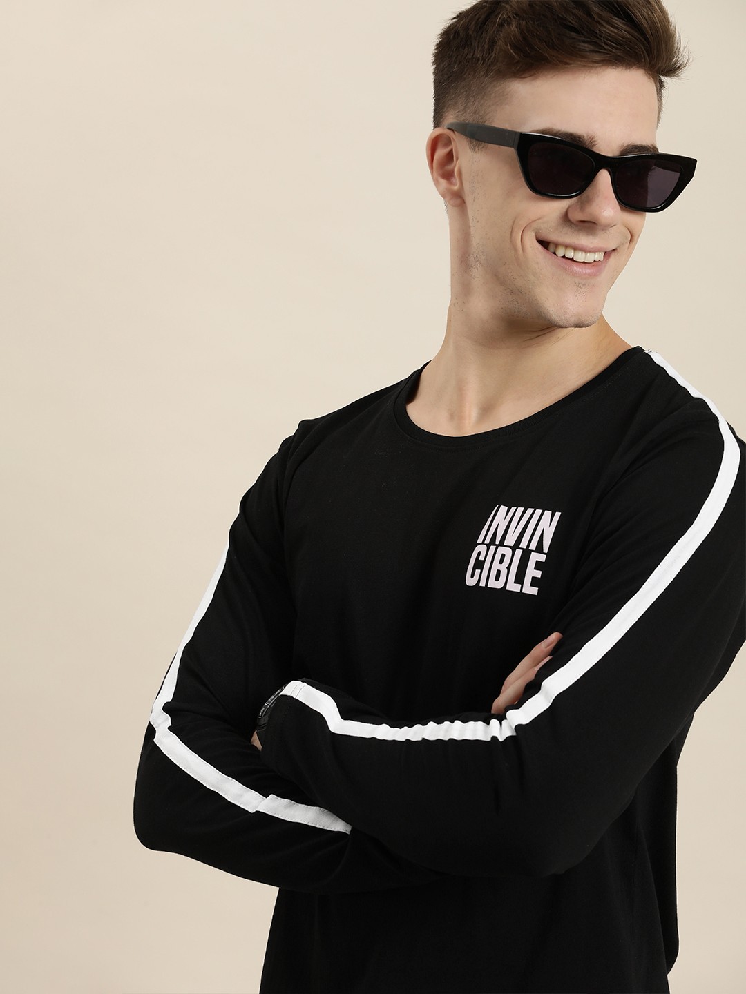 

HERE&NOW Pure Cotton Full Sleeves Casual T-shirt, Black