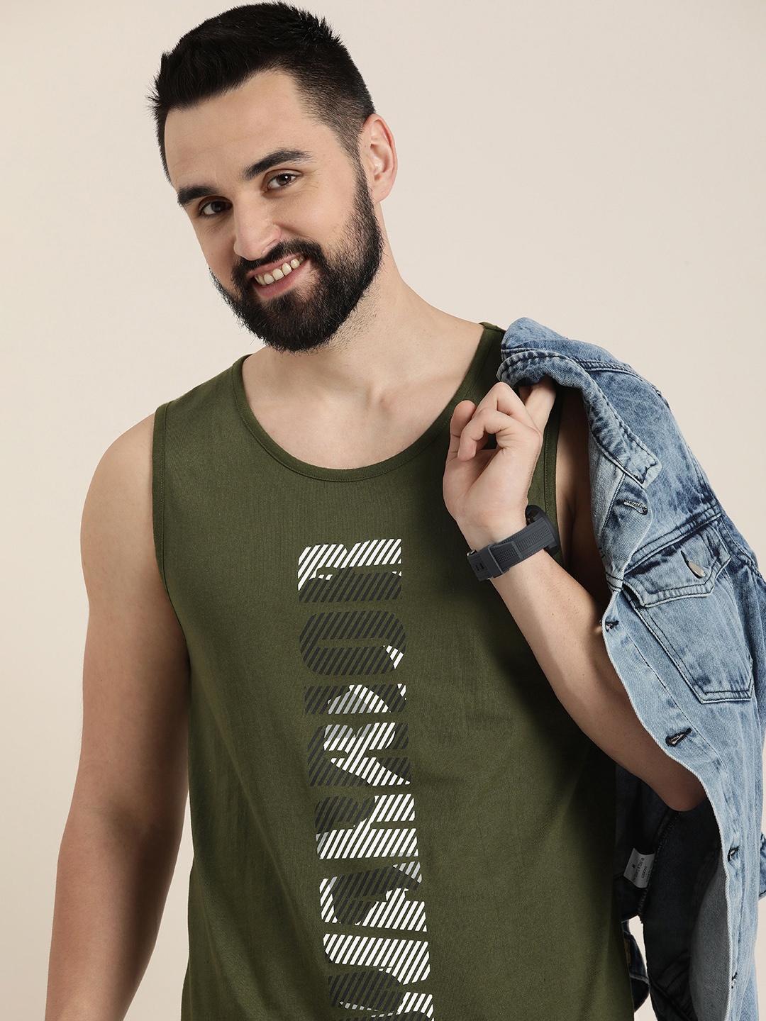 

HERE&NOW Pure Cotton Typography Printed Sleeveless Casual T-shirt, Olive
