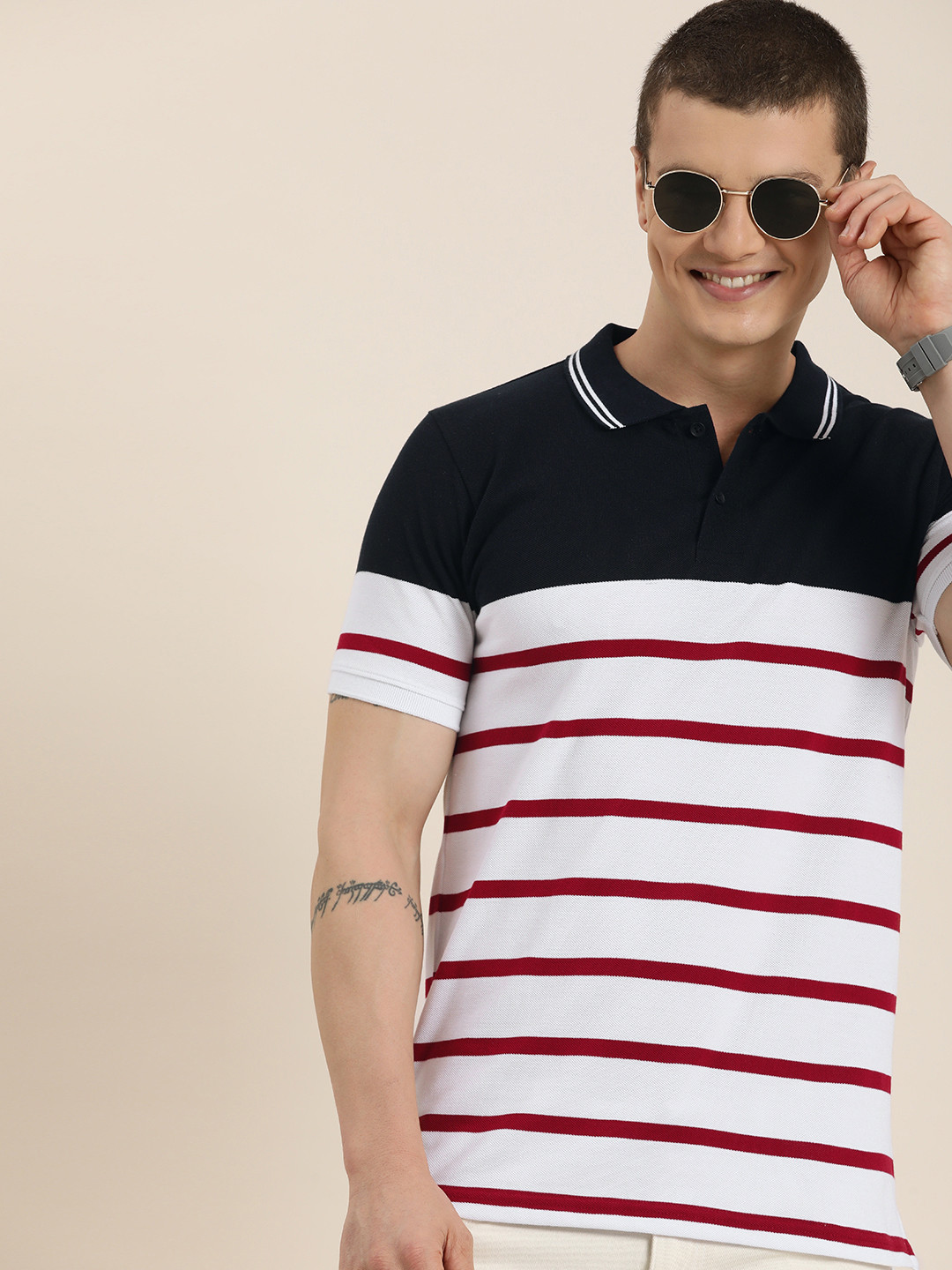 

HERE&NOW Regular Fit Colourblocked Polo Collar Casual T-shirt, Navy blue